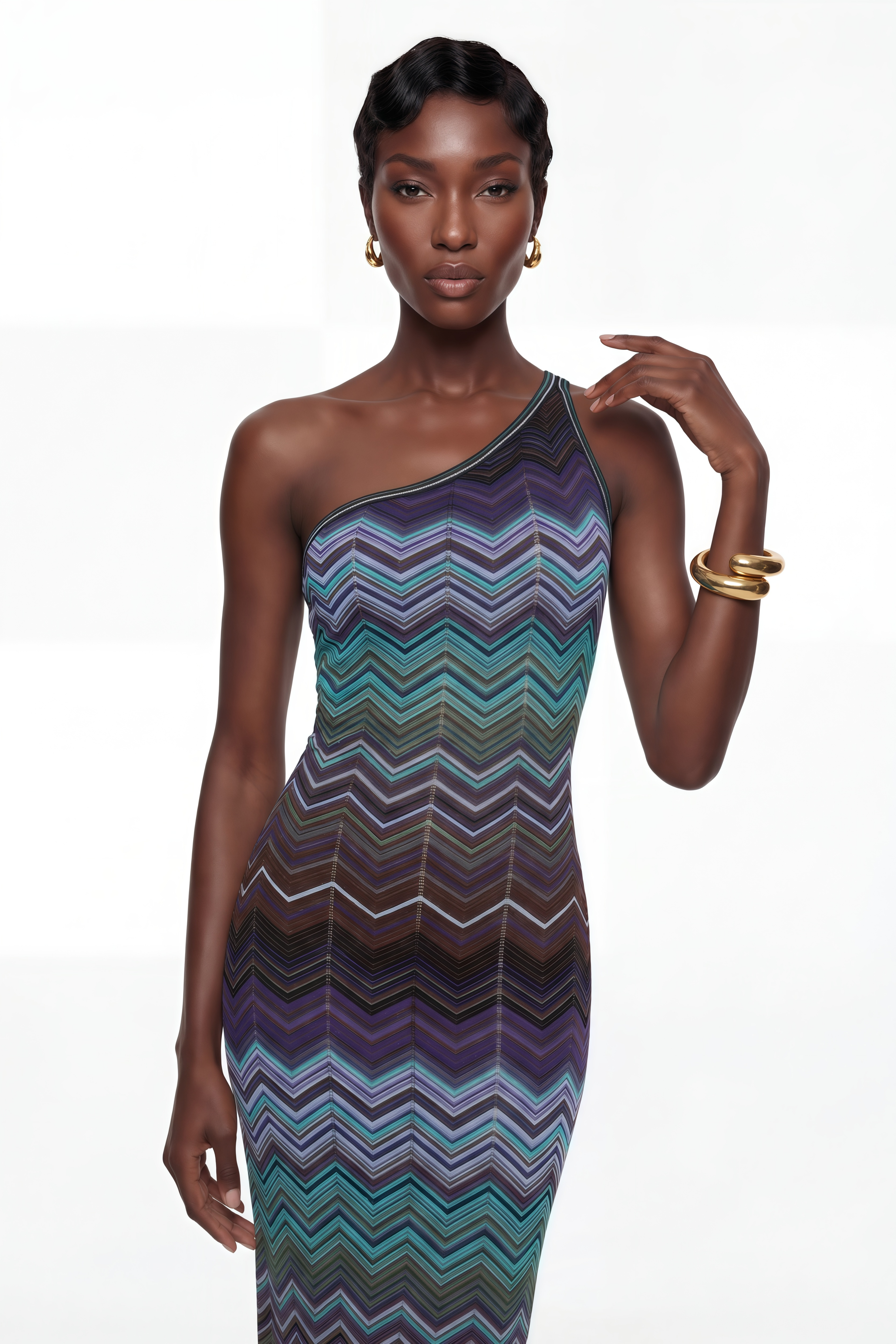 Avery Blaues Strick-Maxikleid mit Wellenmuster