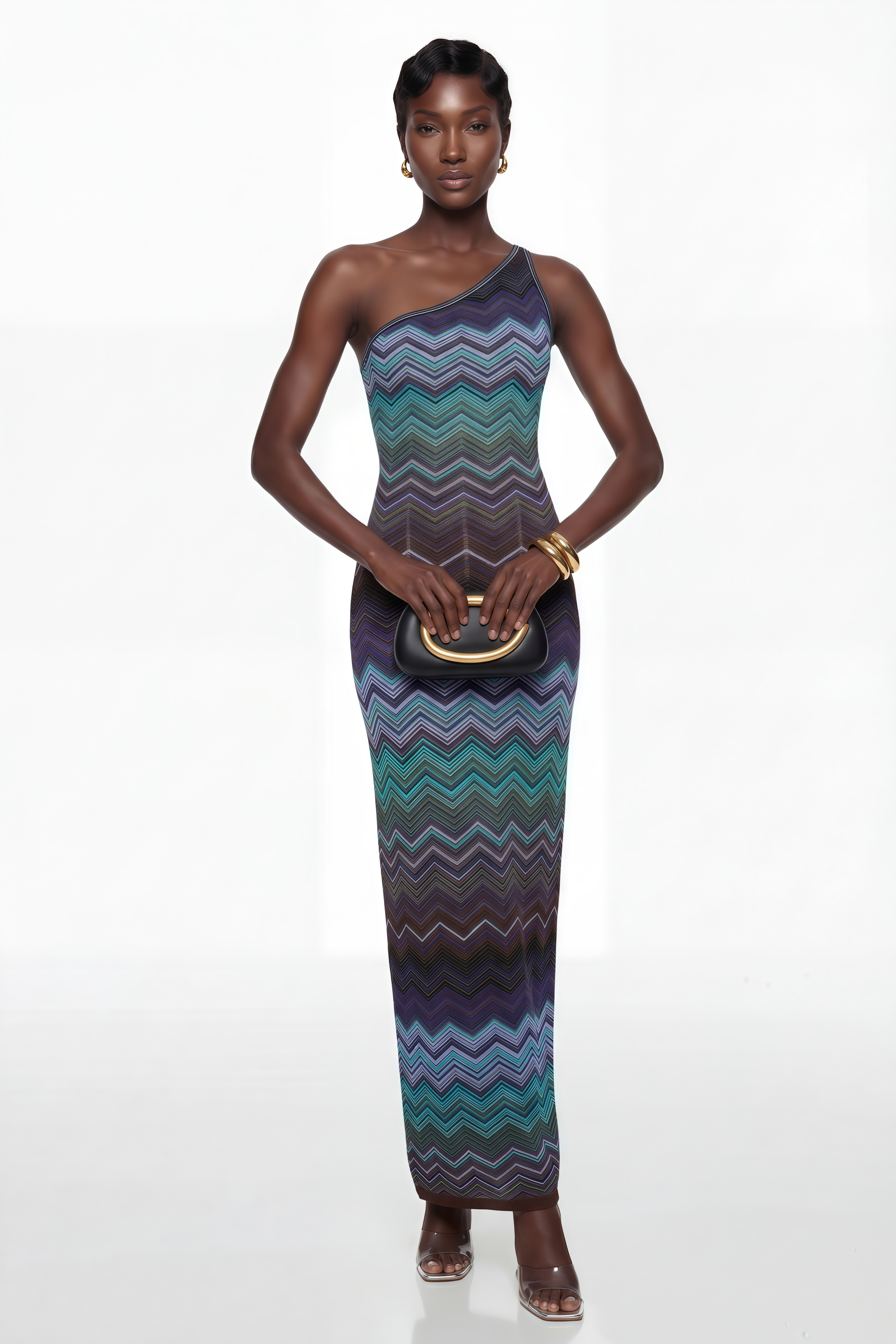 Avery Blaues Strick-Maxikleid mit Wellenmuster