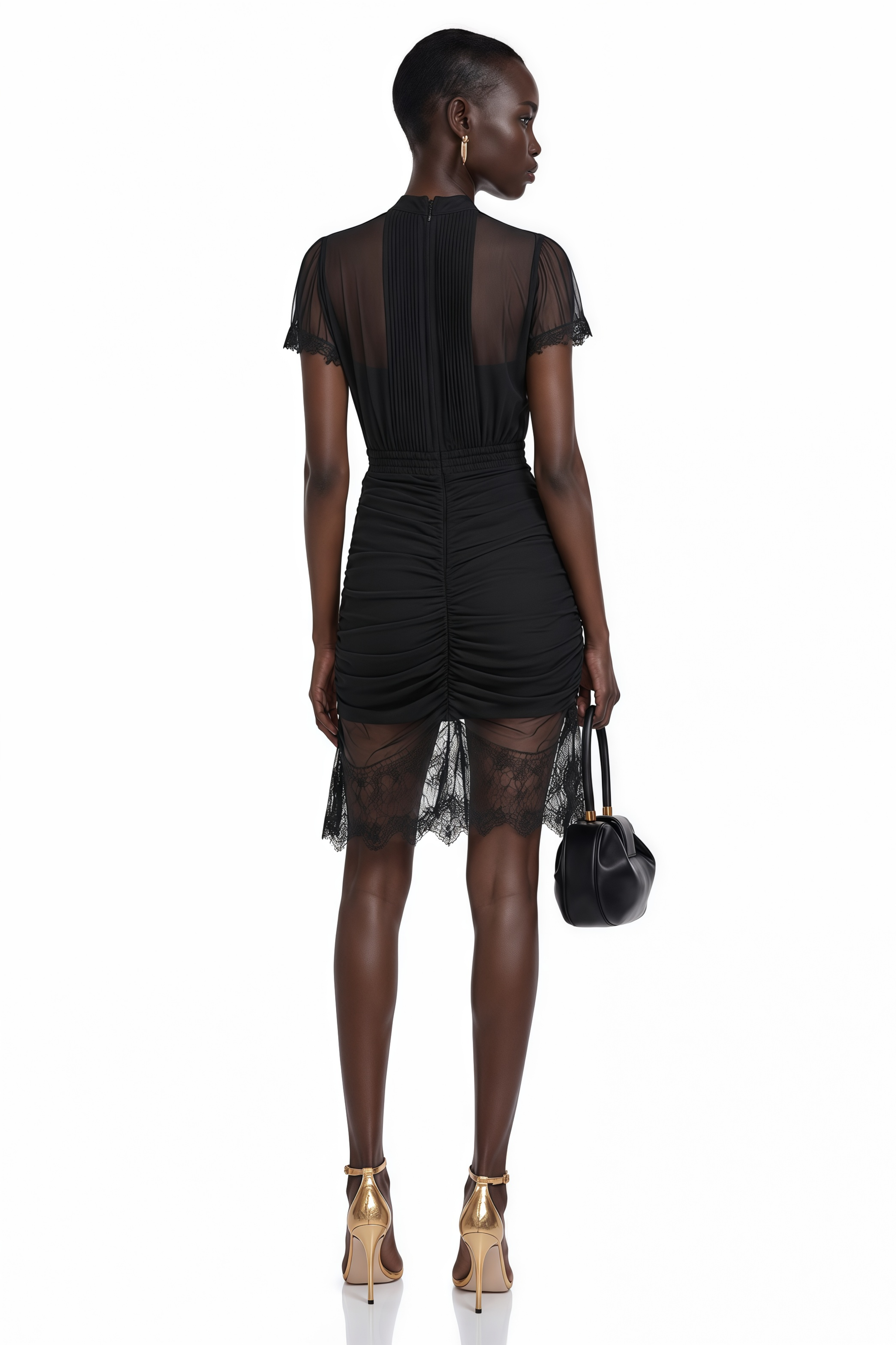 Avis Black Ruched Mini Dress with Lace Trim