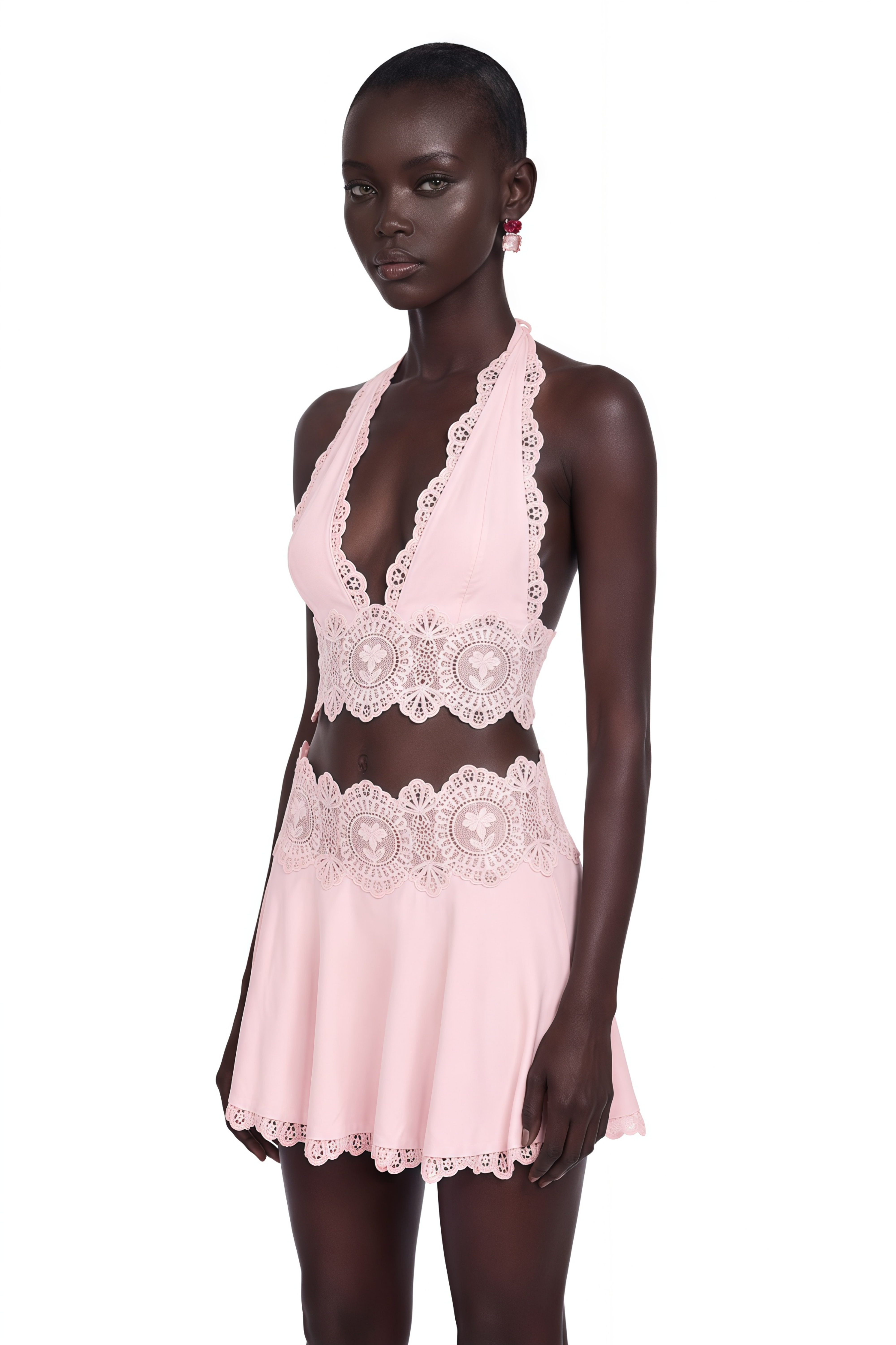 Ayla Pink Halterneck Top & Skirt Set with Lace Trim