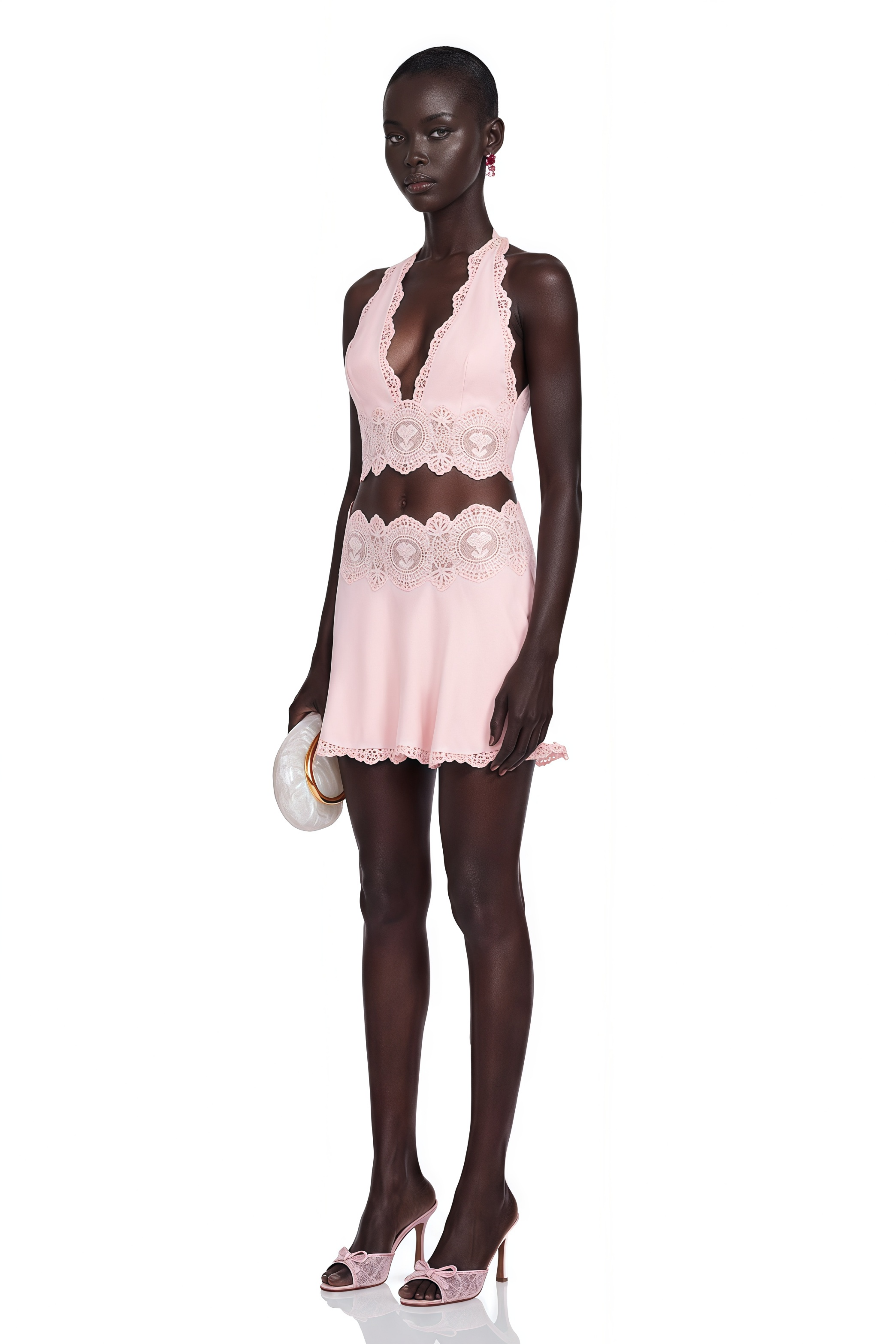 Ayla Pink Halterneck Top & Skirt Set with Lace Trim