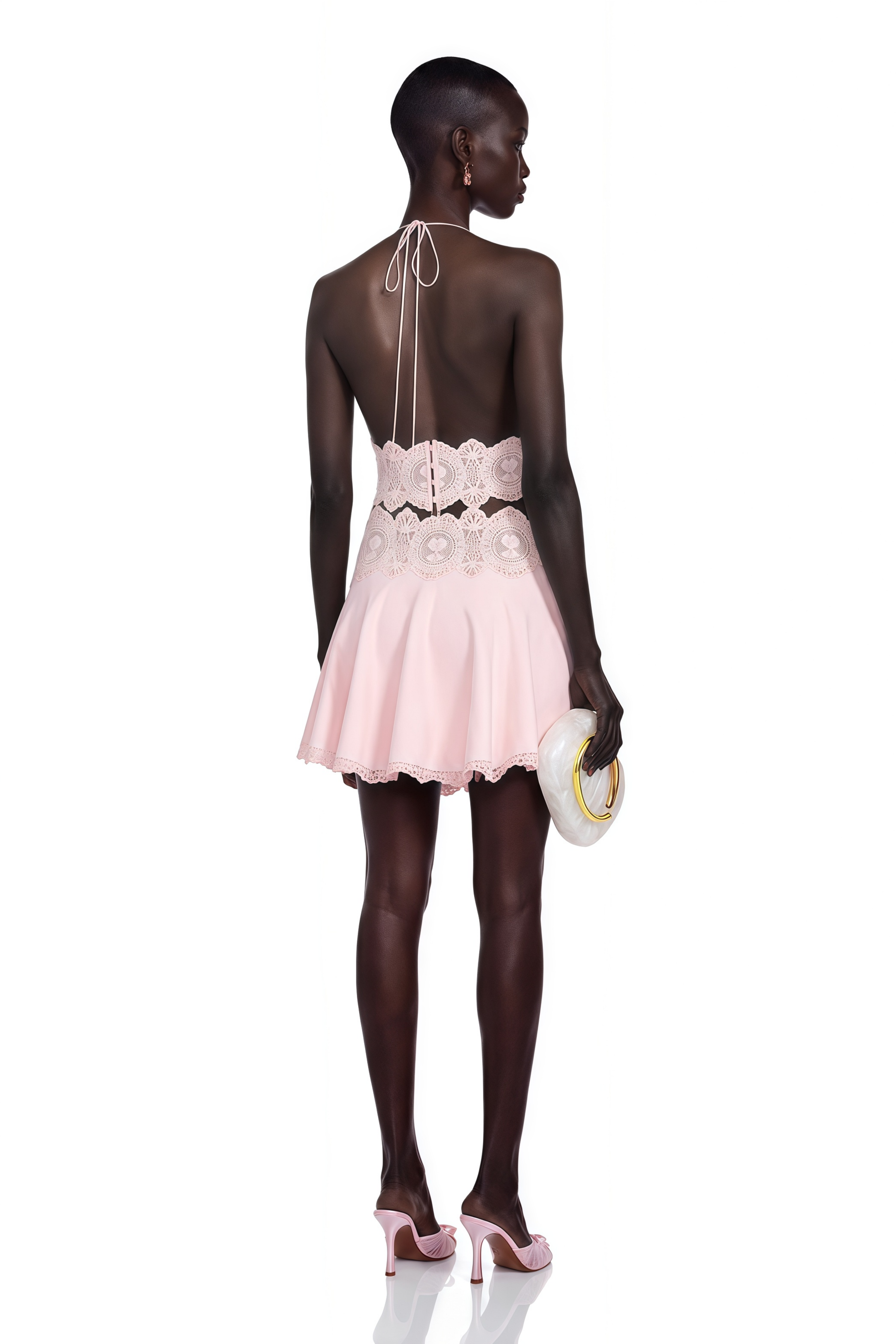 Ayla Pink Halterneck Top & Skirt Set with Lace Trim