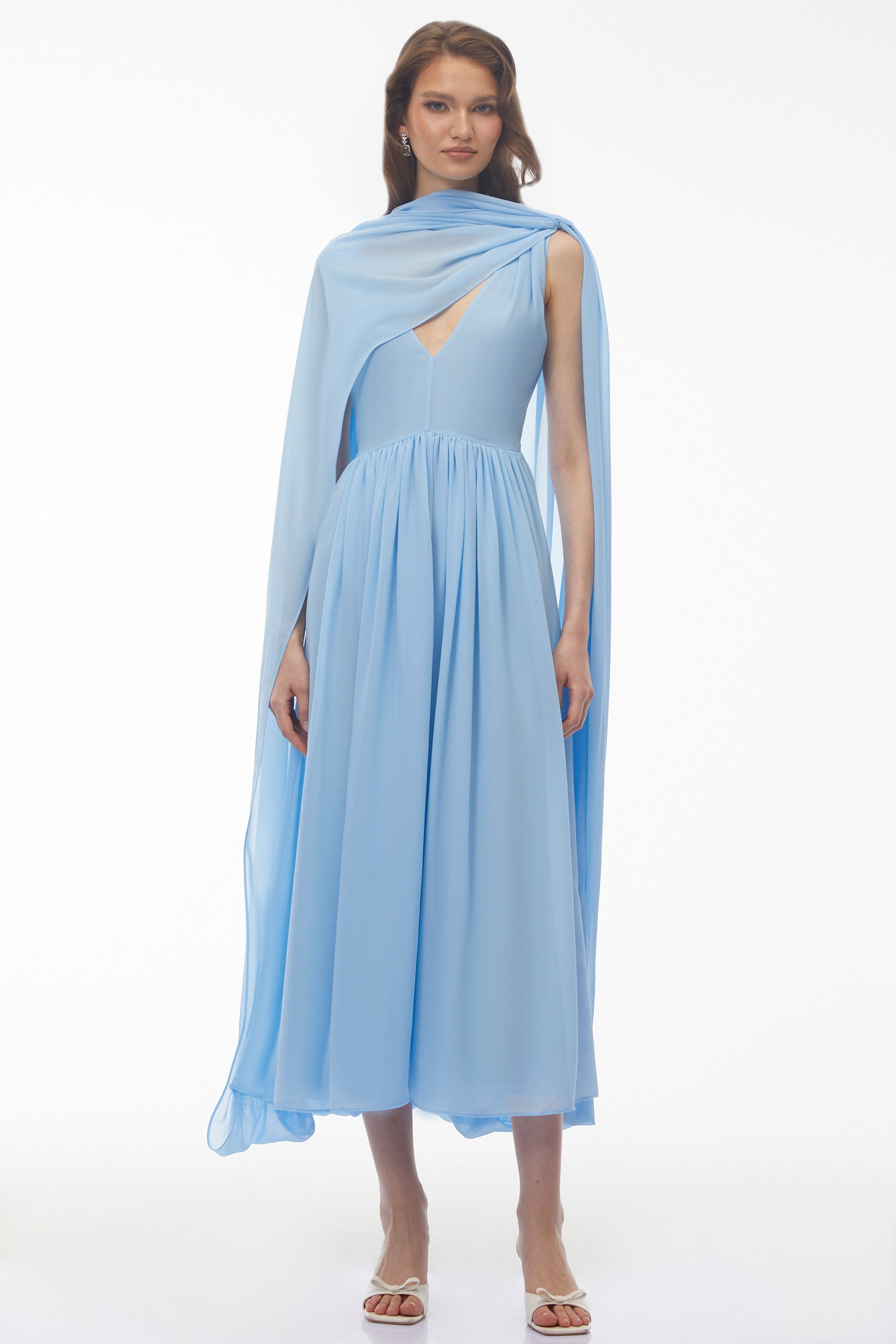 Beatrice Blue Ruched Midi Dress with Oversized Cape