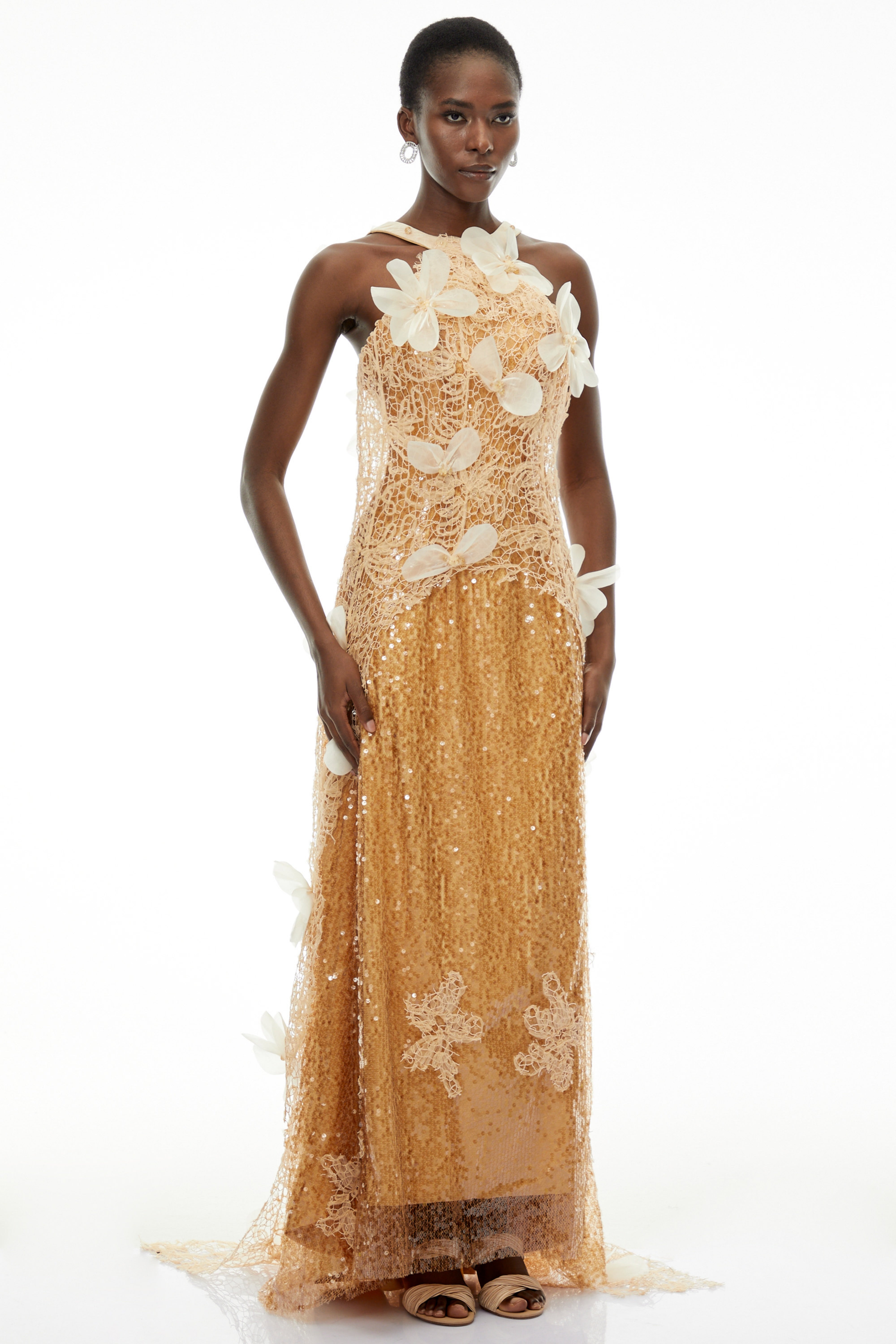 Beatrice Champagne Halterneck Sequin Lace Maxi Dress