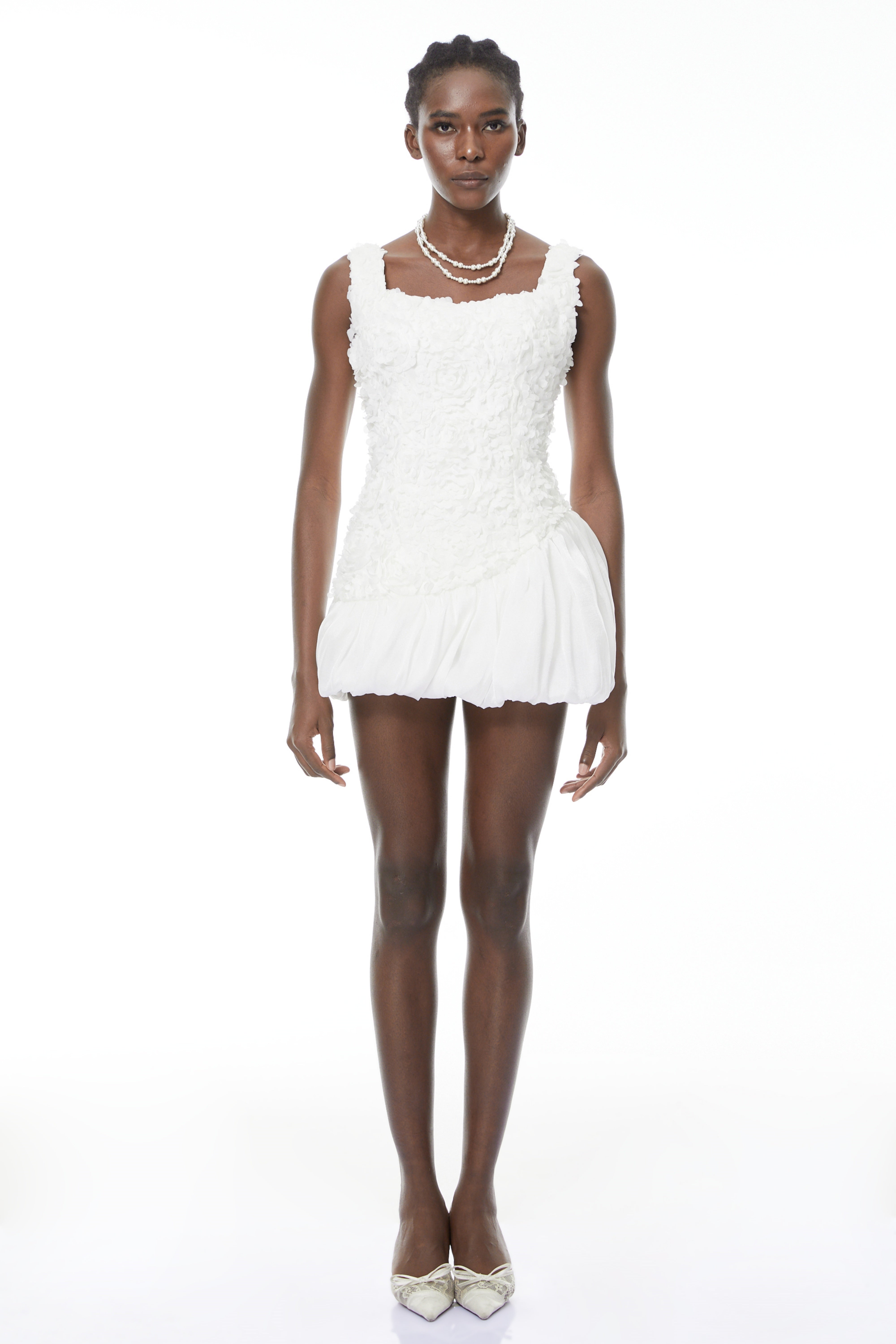 Beatrice White 3D Petal Bubble Mini Dress