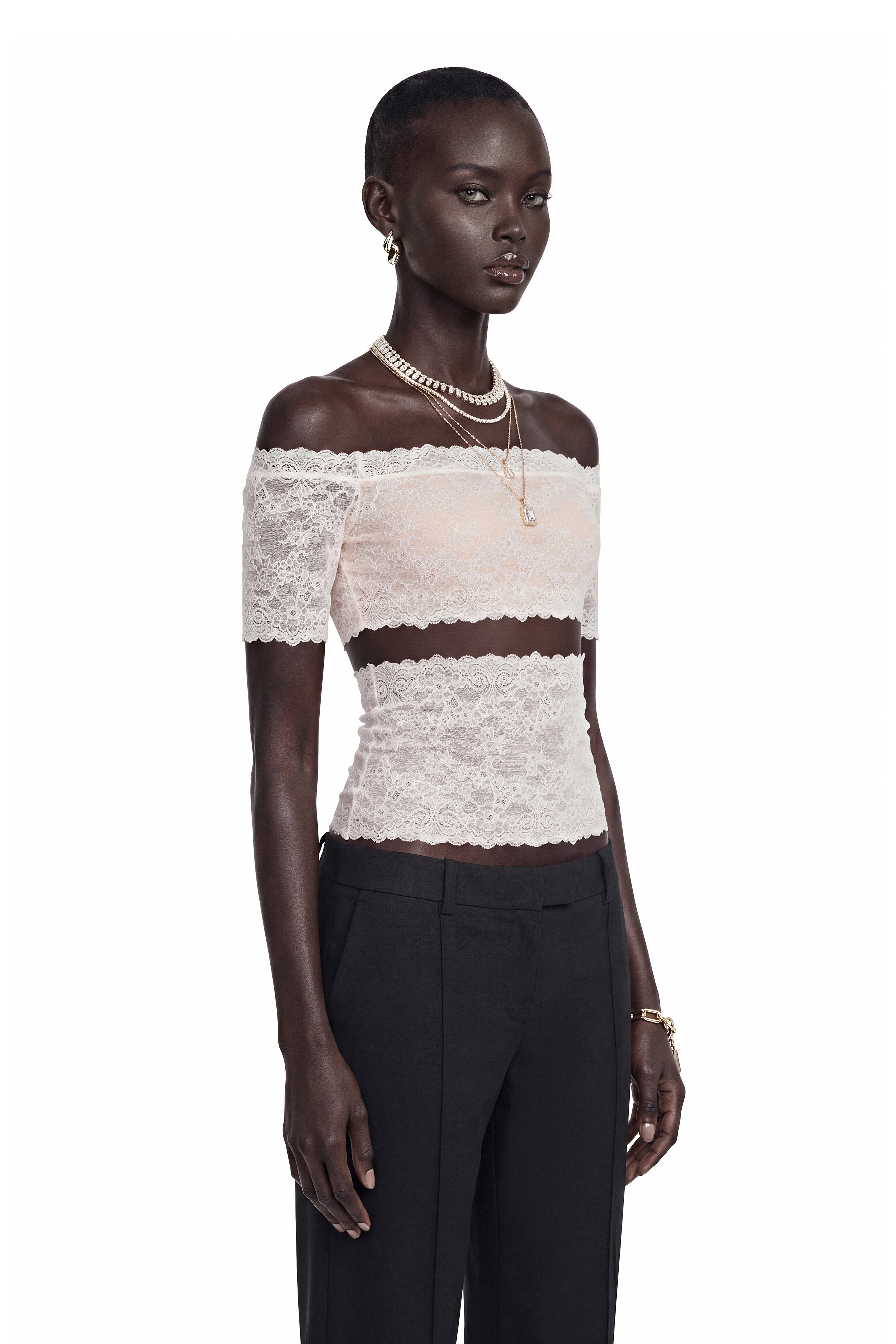 Blair White Lace Off-Shoulder Neckline Short Sleeve Top