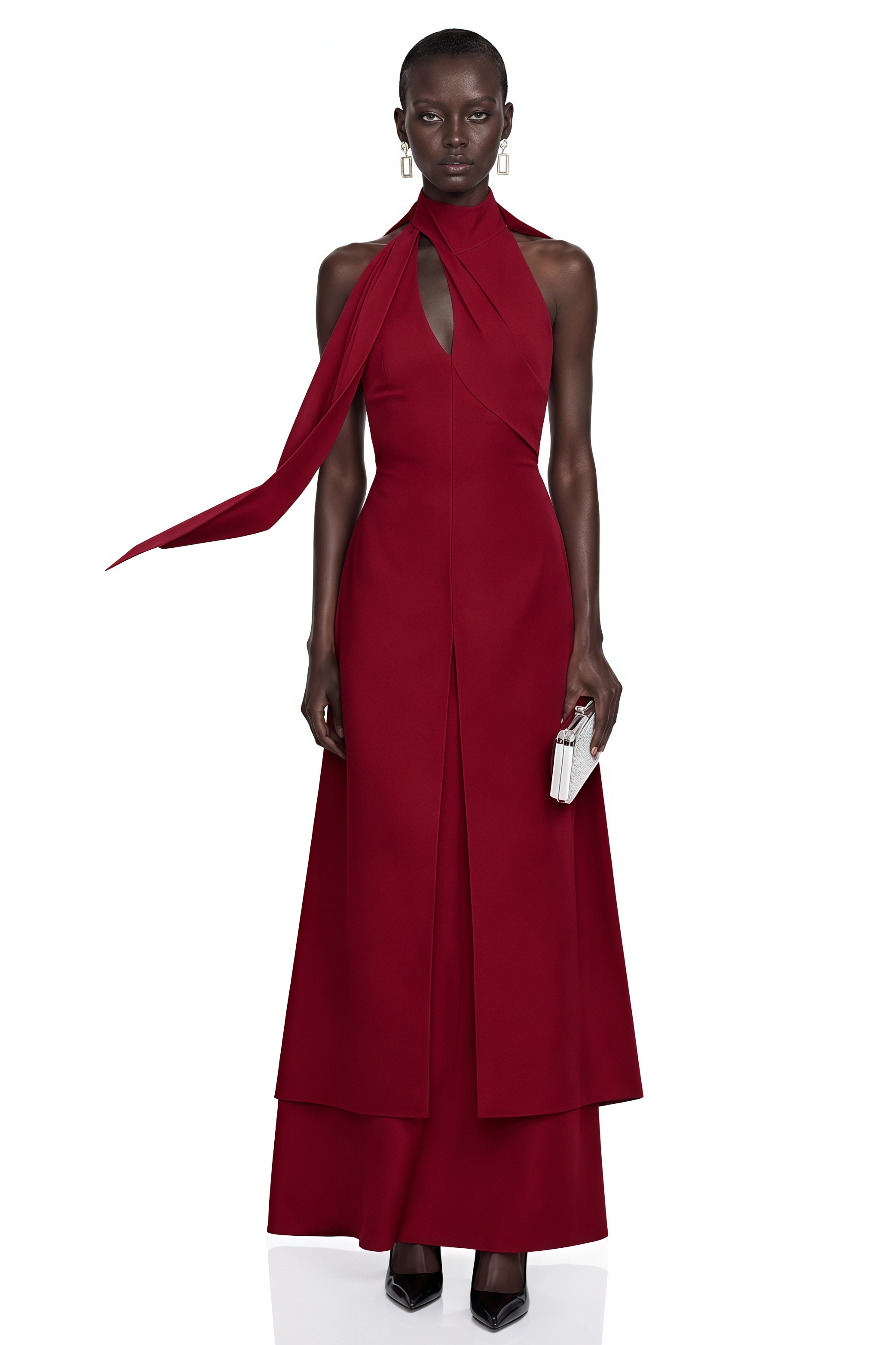 Robe longue à dos nu rouge Berenice avec découpes