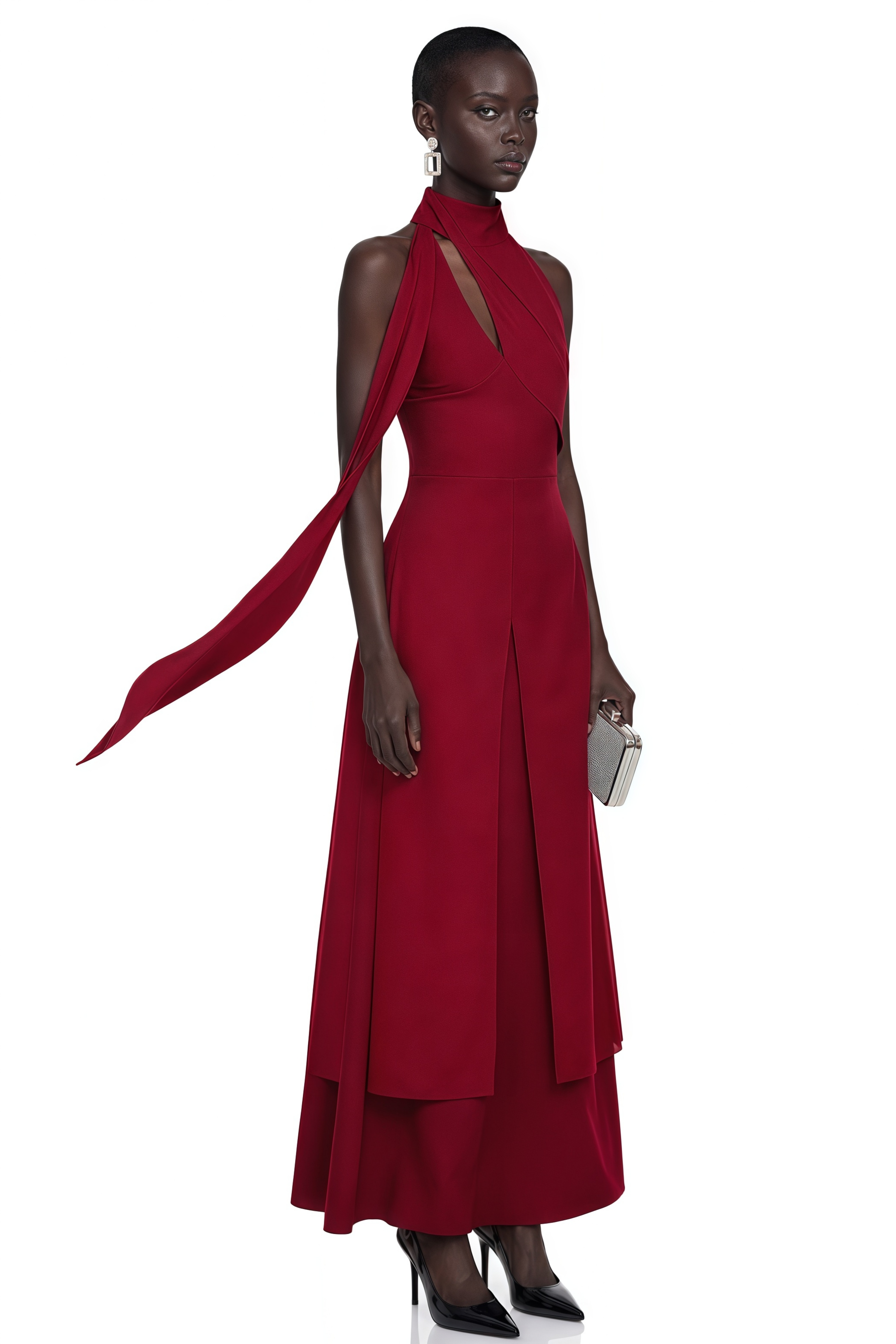 Robe longue à dos nu rouge Berenice avec découpes