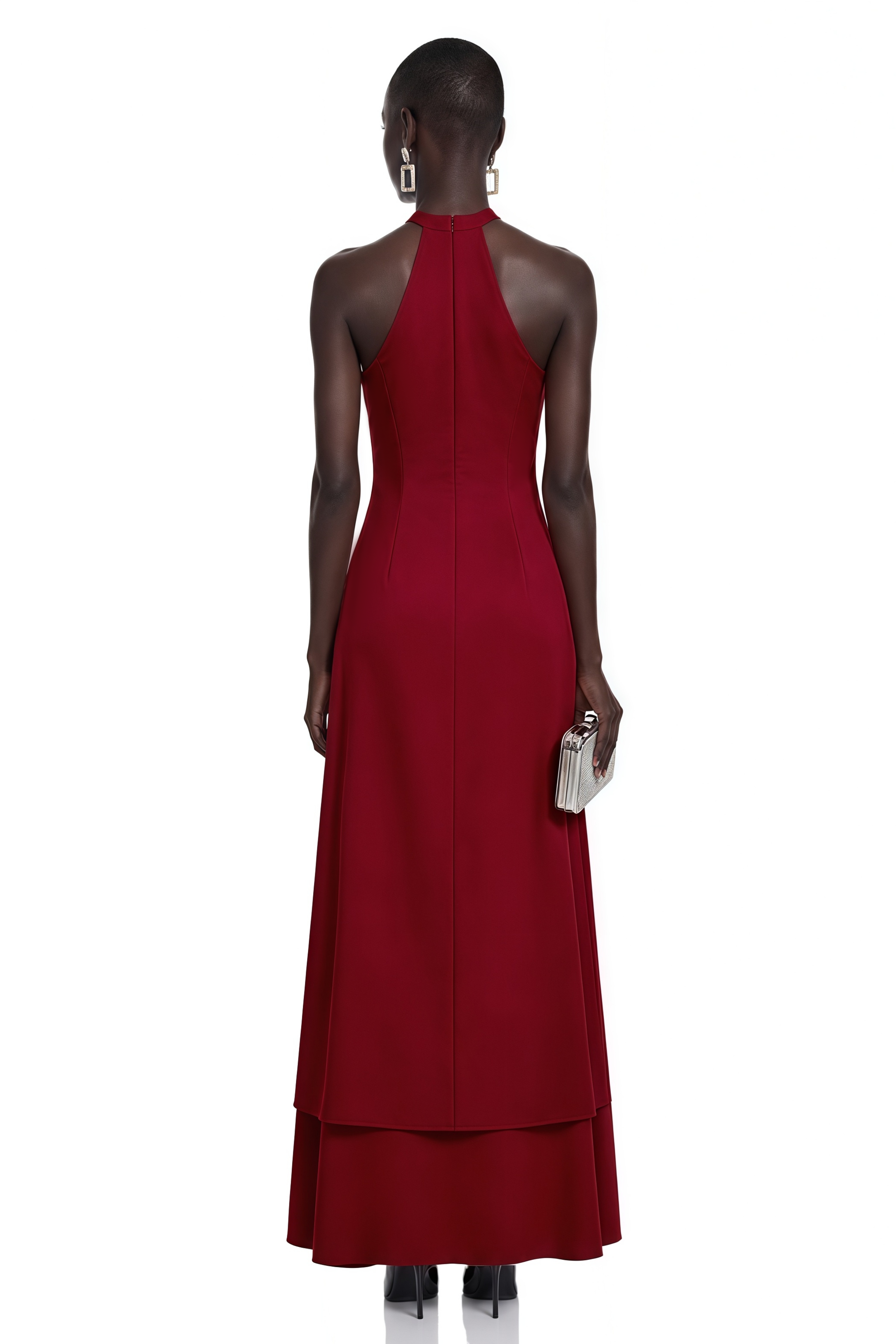 Robe longue à dos nu rouge Berenice avec découpes