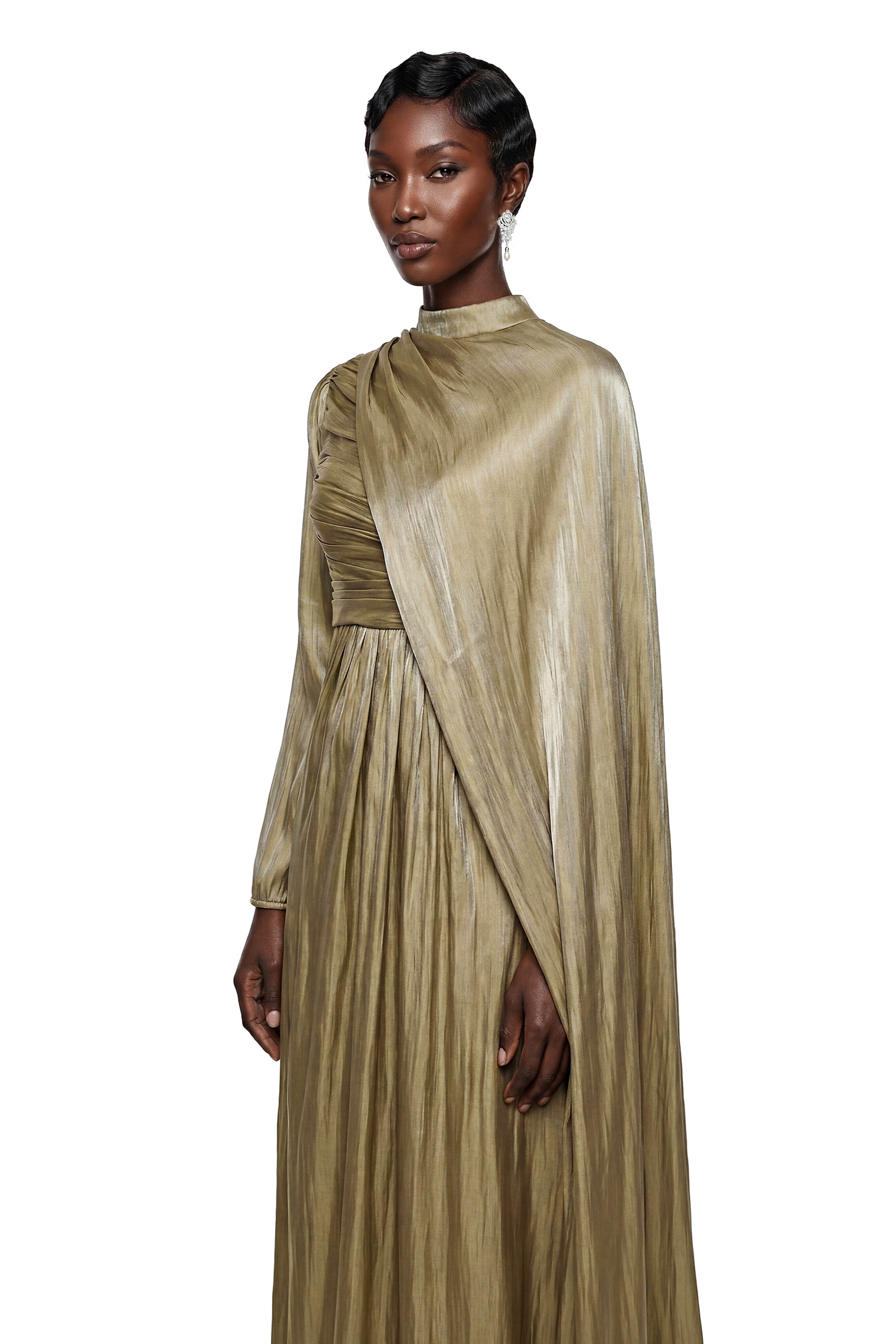 Berenike Gold Glossy Maxi Dress with Cape