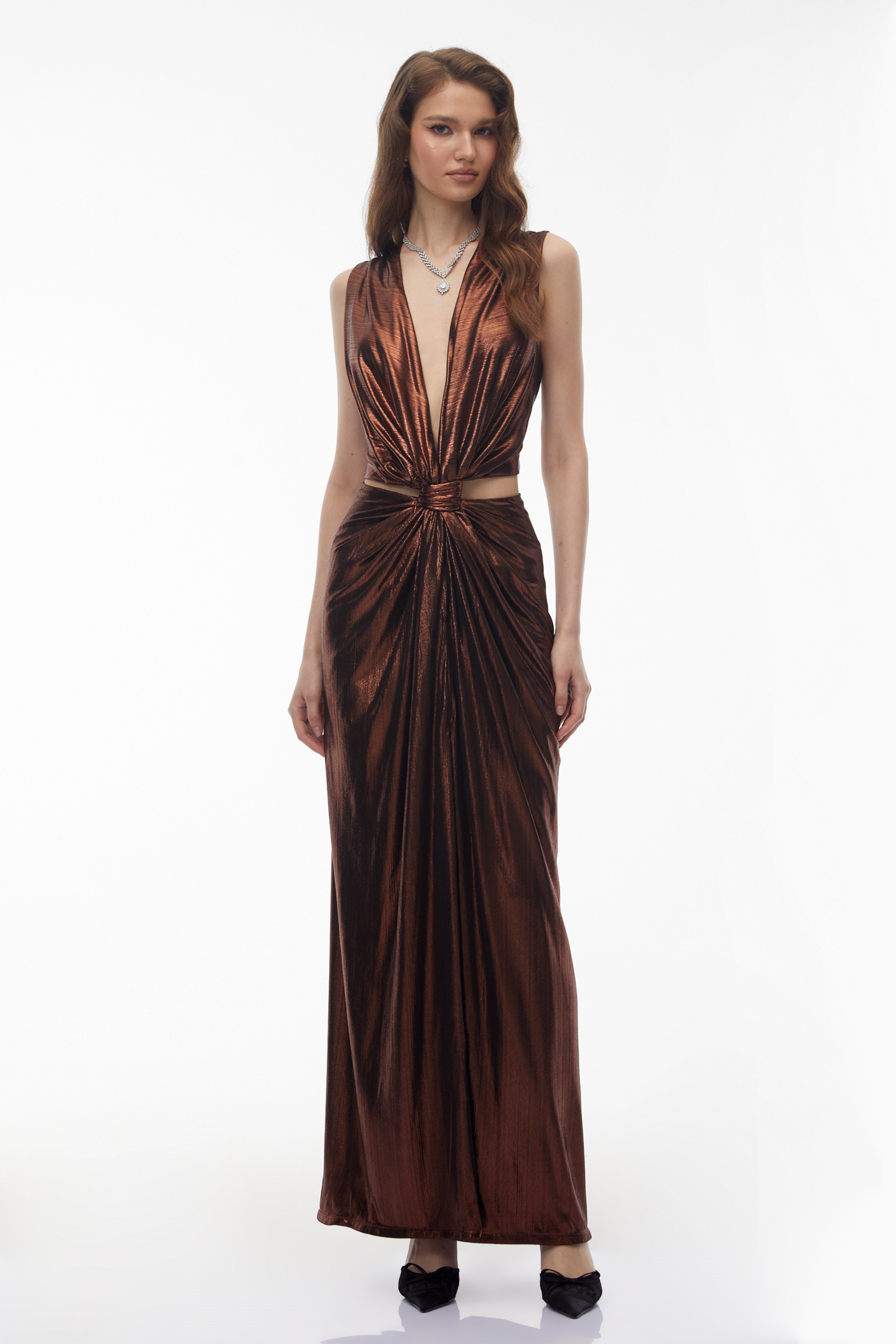 Berenike Metallic Bronze Ruched Satin Maxi Dress
