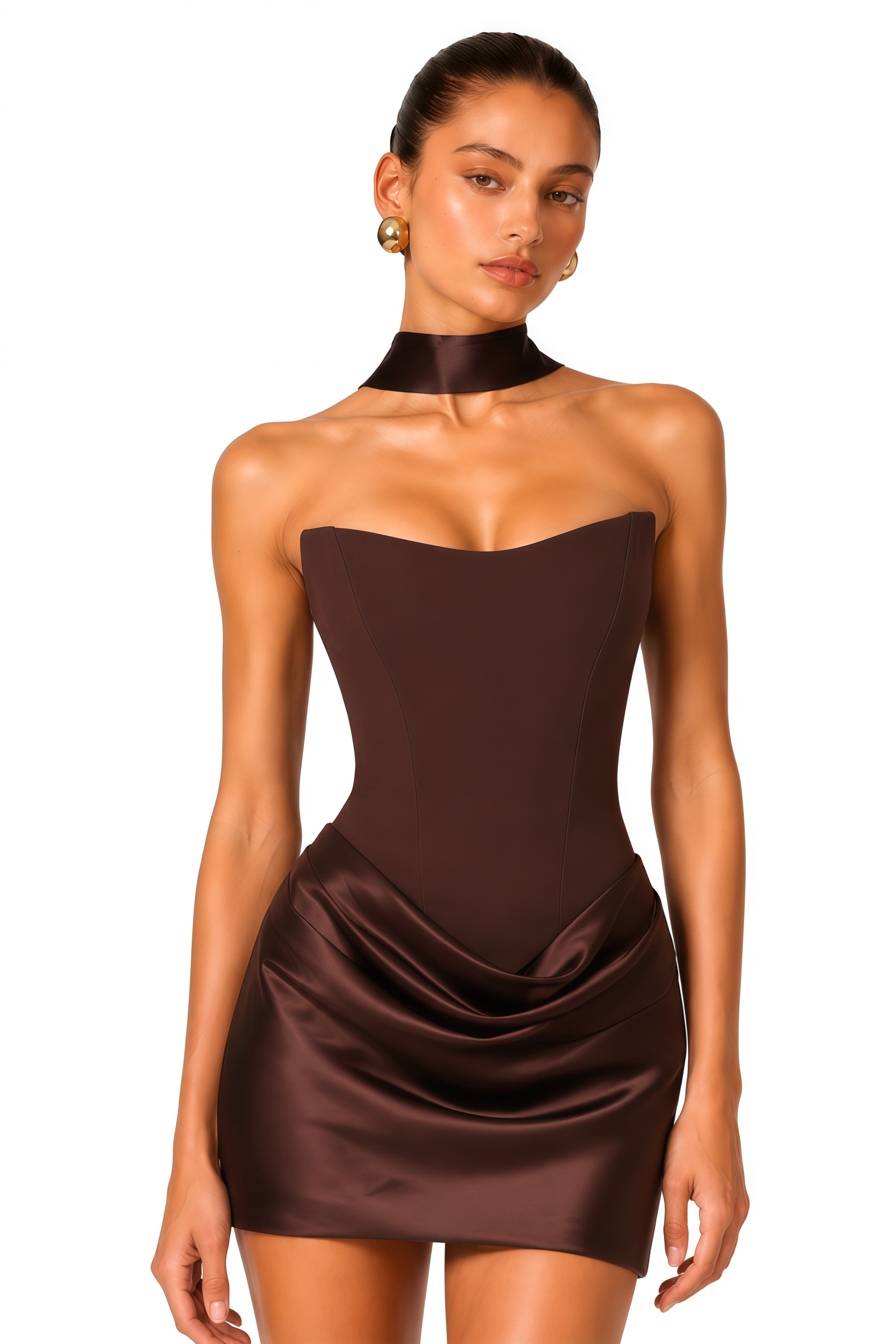 Berit Brown Scarf Off Shoulder Ruched Mini Dress
