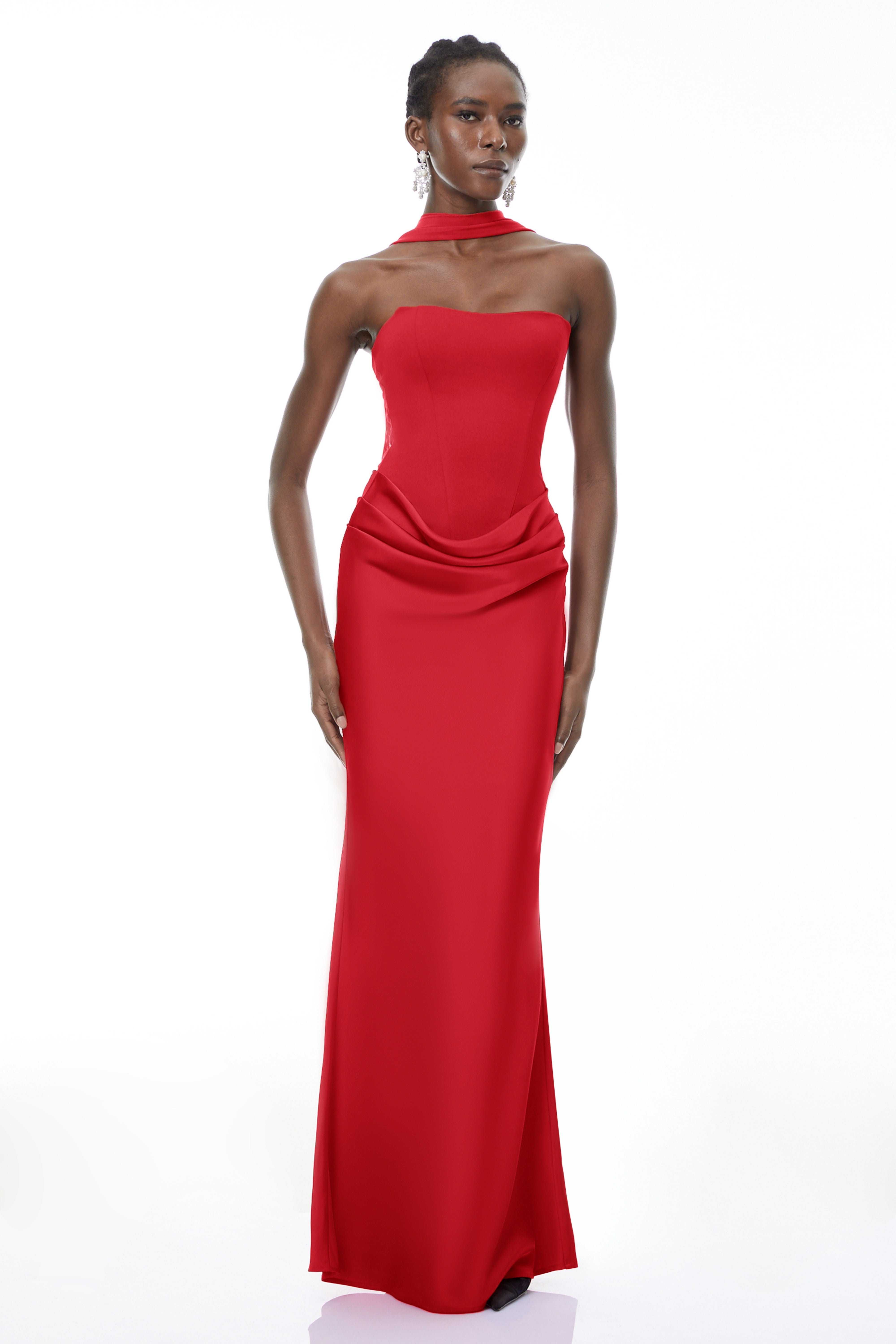 Berit Red Scarf Off Shoulder Ruched Maxi Dress