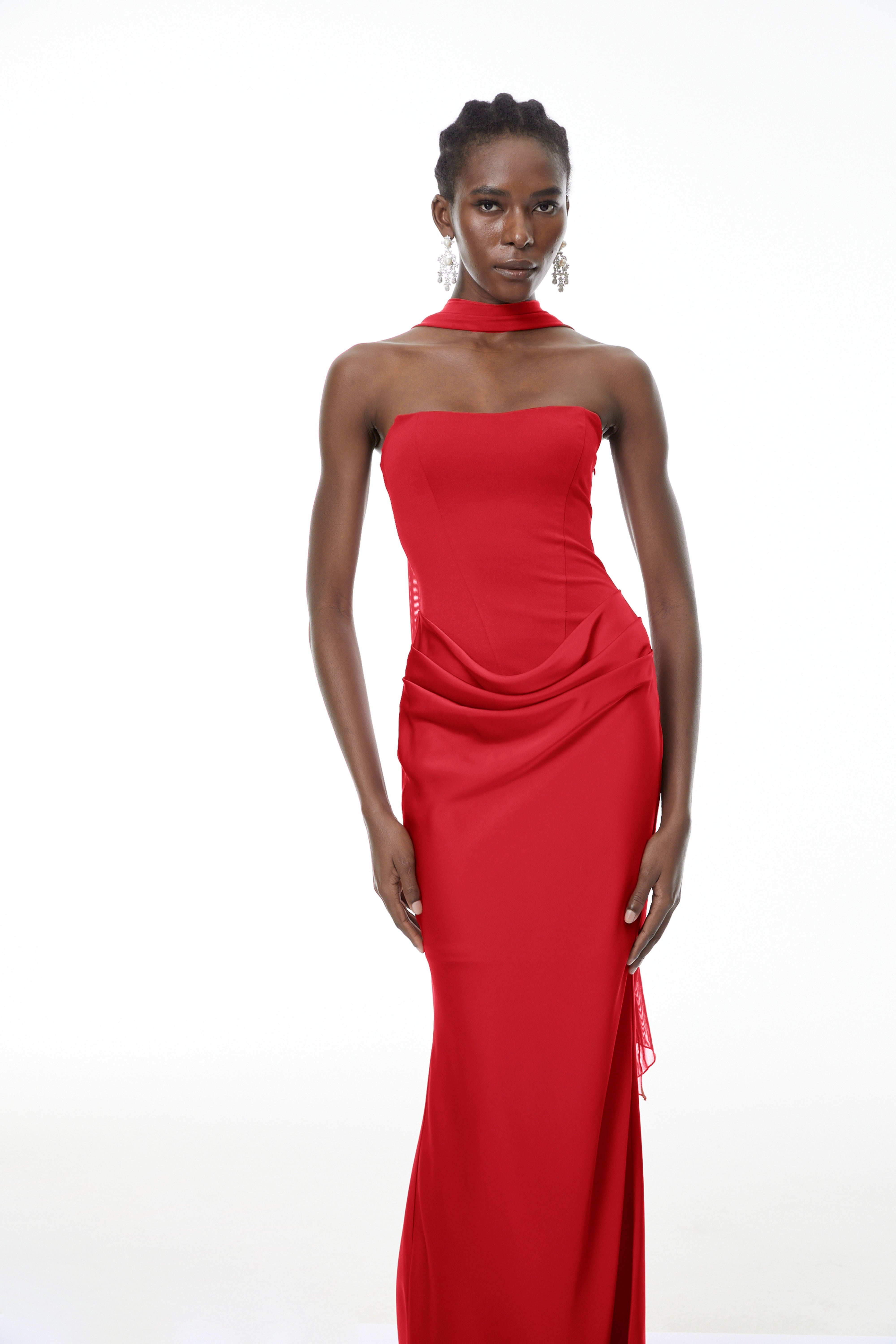 Berit Red Scarf Off Shoulder Ruched Maxi Dress