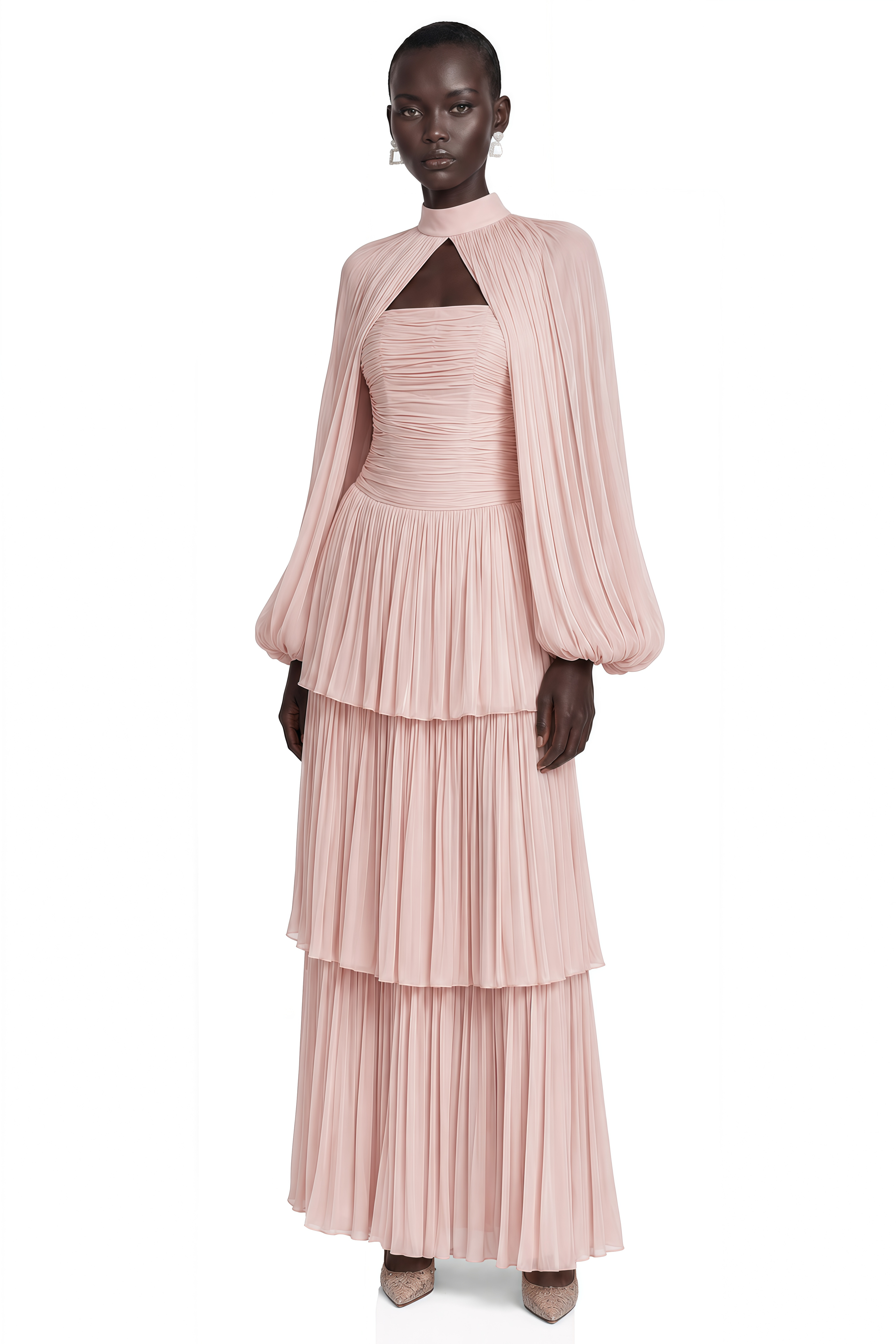Bernice Pink Glossy Cape & Tiered Dress Set