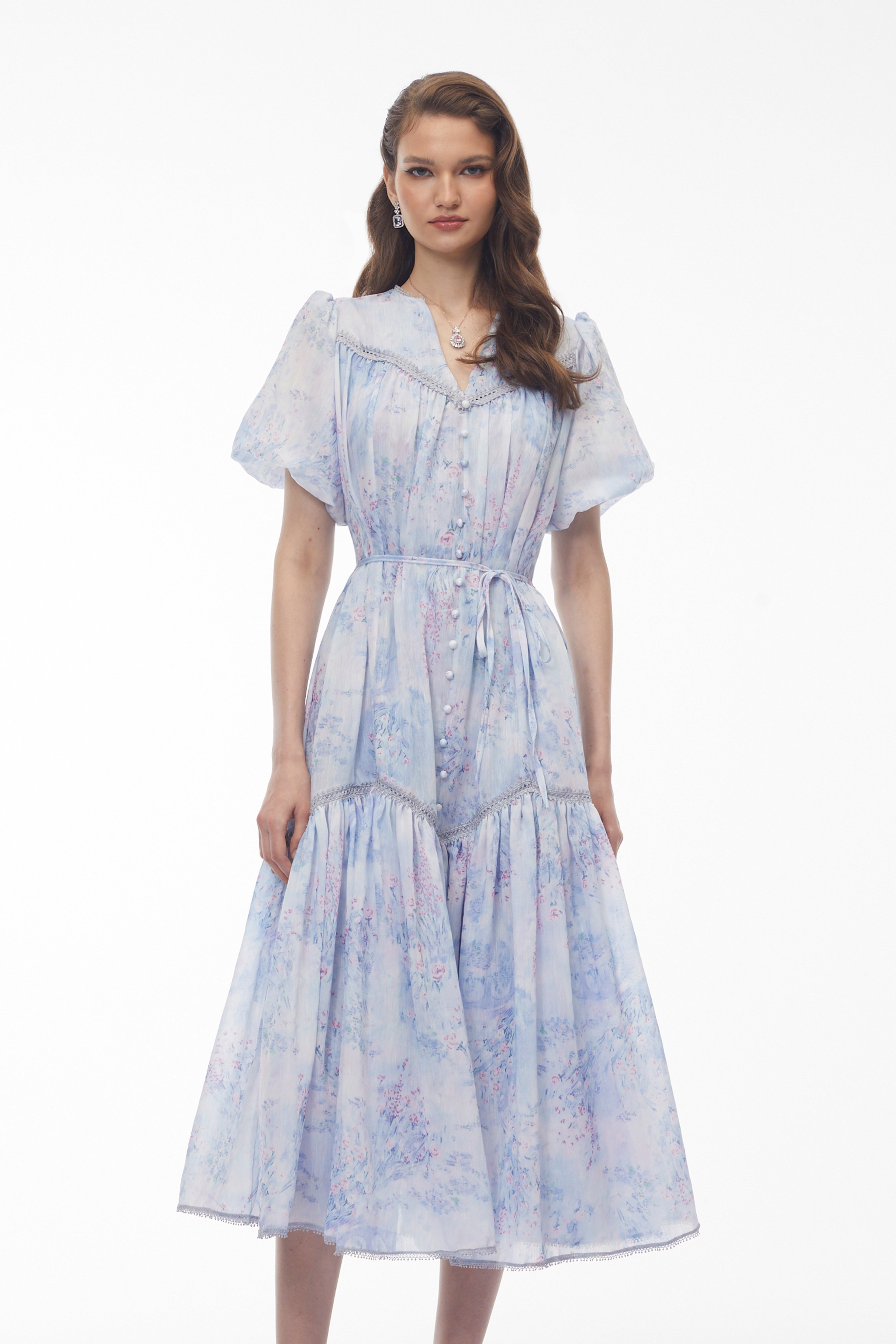 Robe mi-longue froncée à imprimé floral bleu beryl