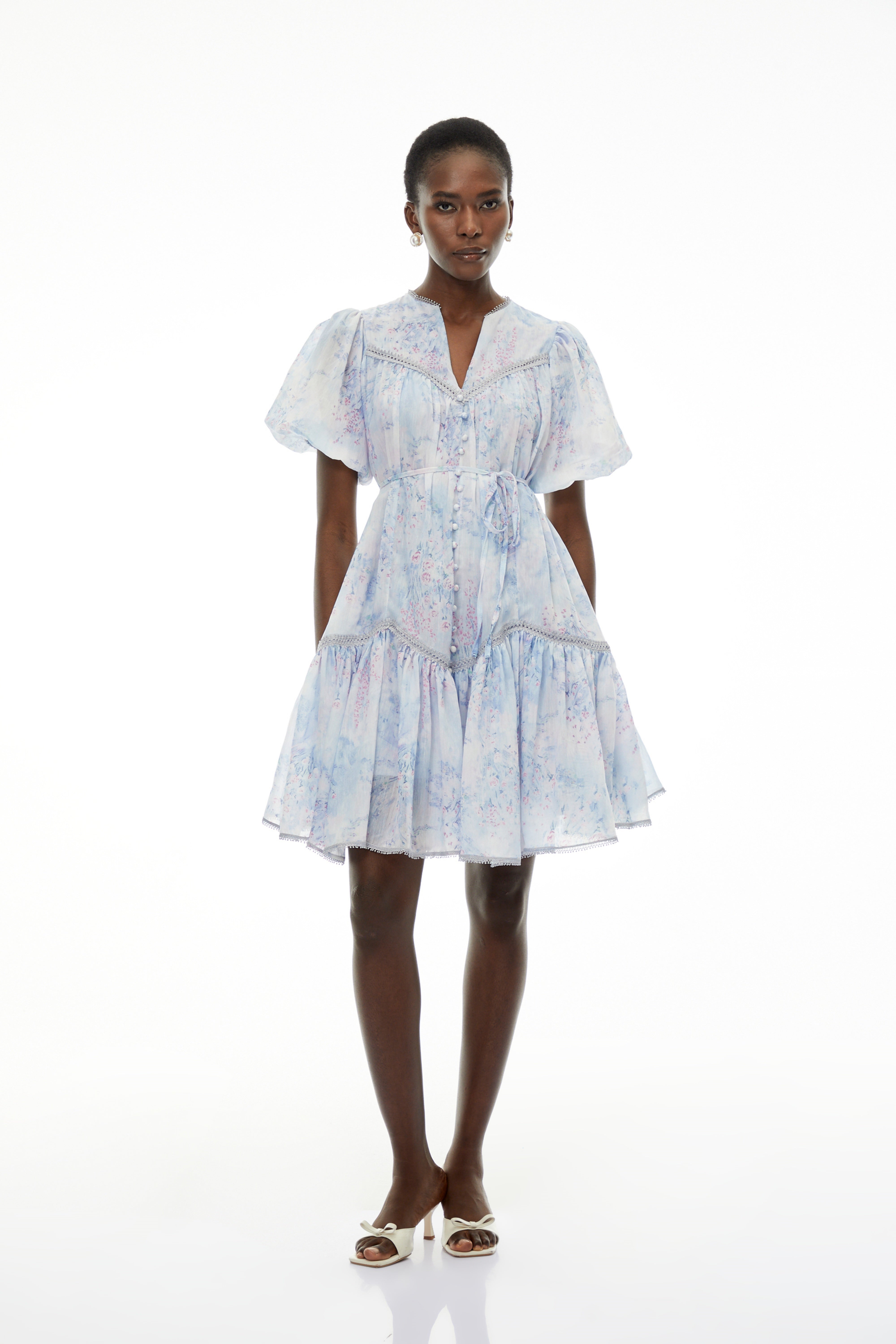 Beryl Blue Floral Print Ruched Mini Dress