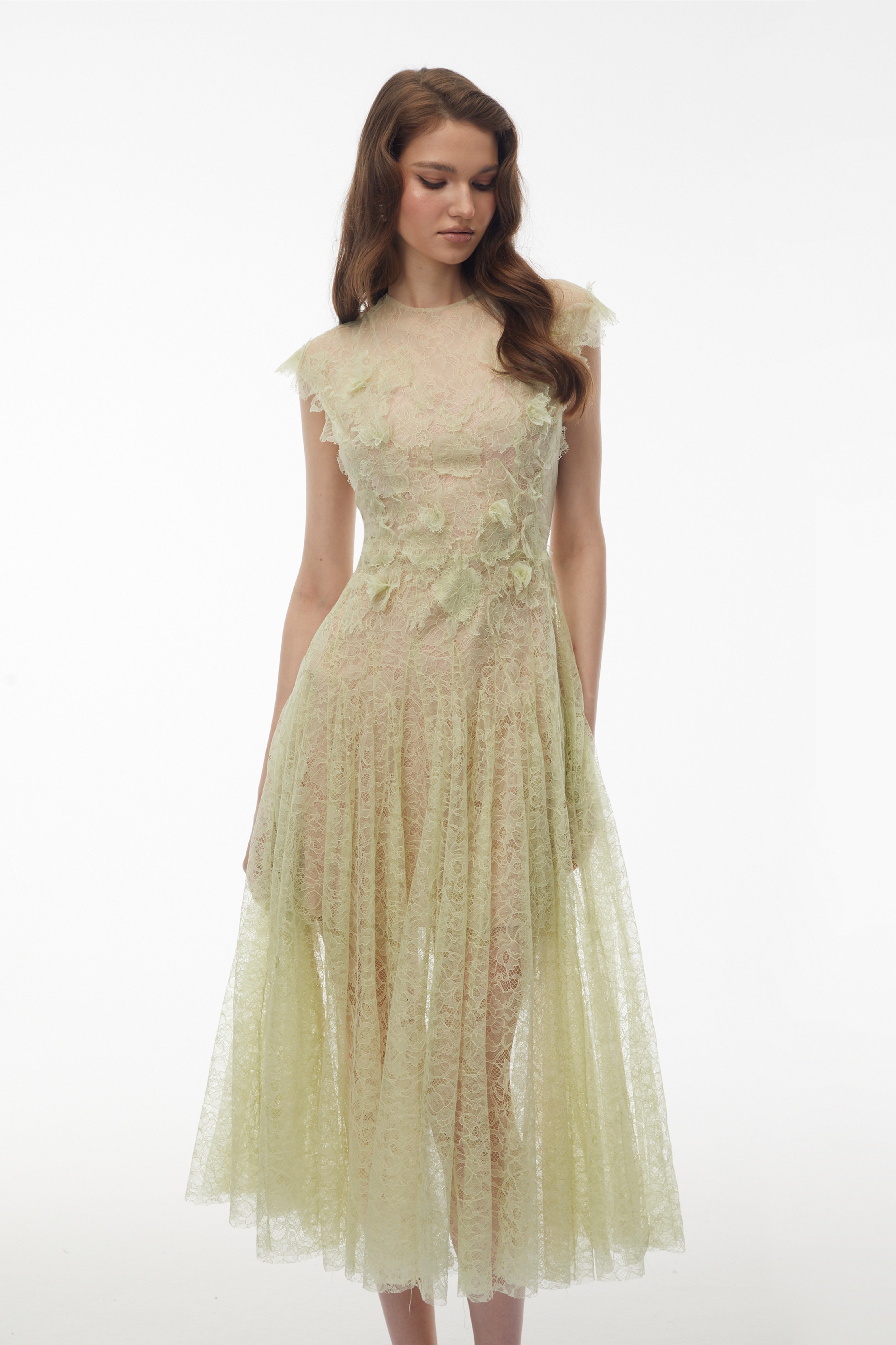 Béryl Green Floral Lace Midi Dress