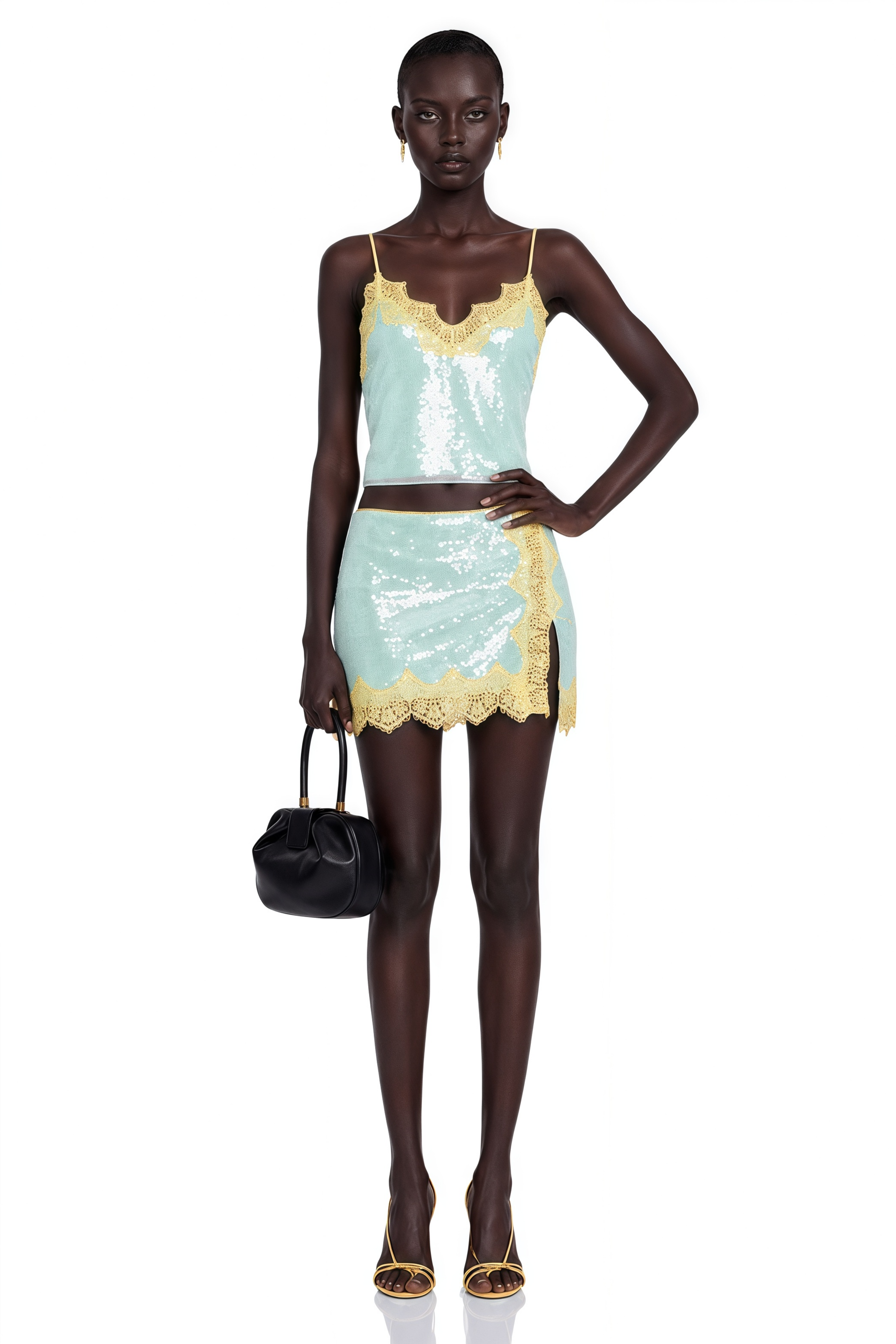 Beryl Green Sequin Top & Slit Skirt Set with Lace