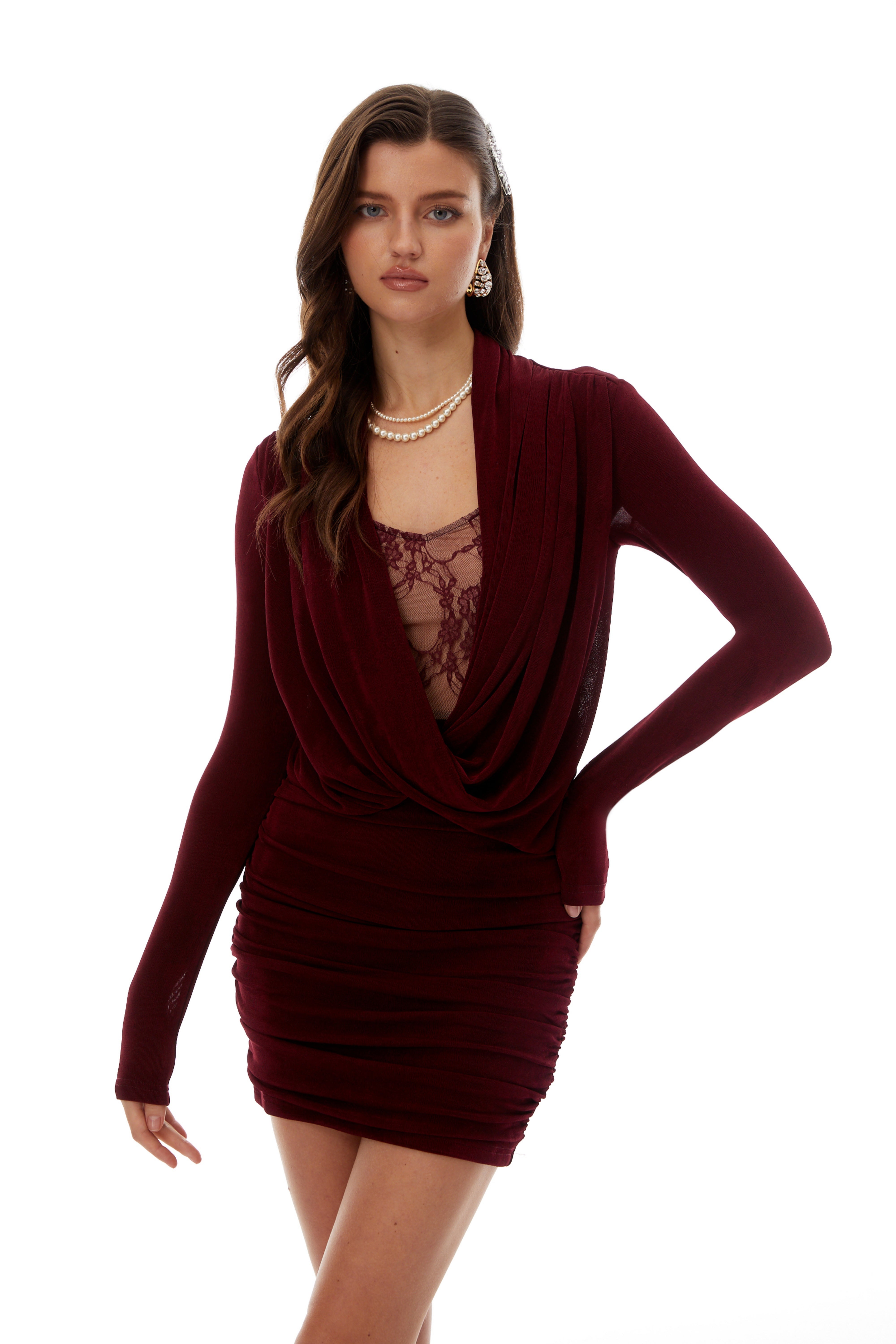 Bianca Burgundy Lace Panel Ruched Mini Dress