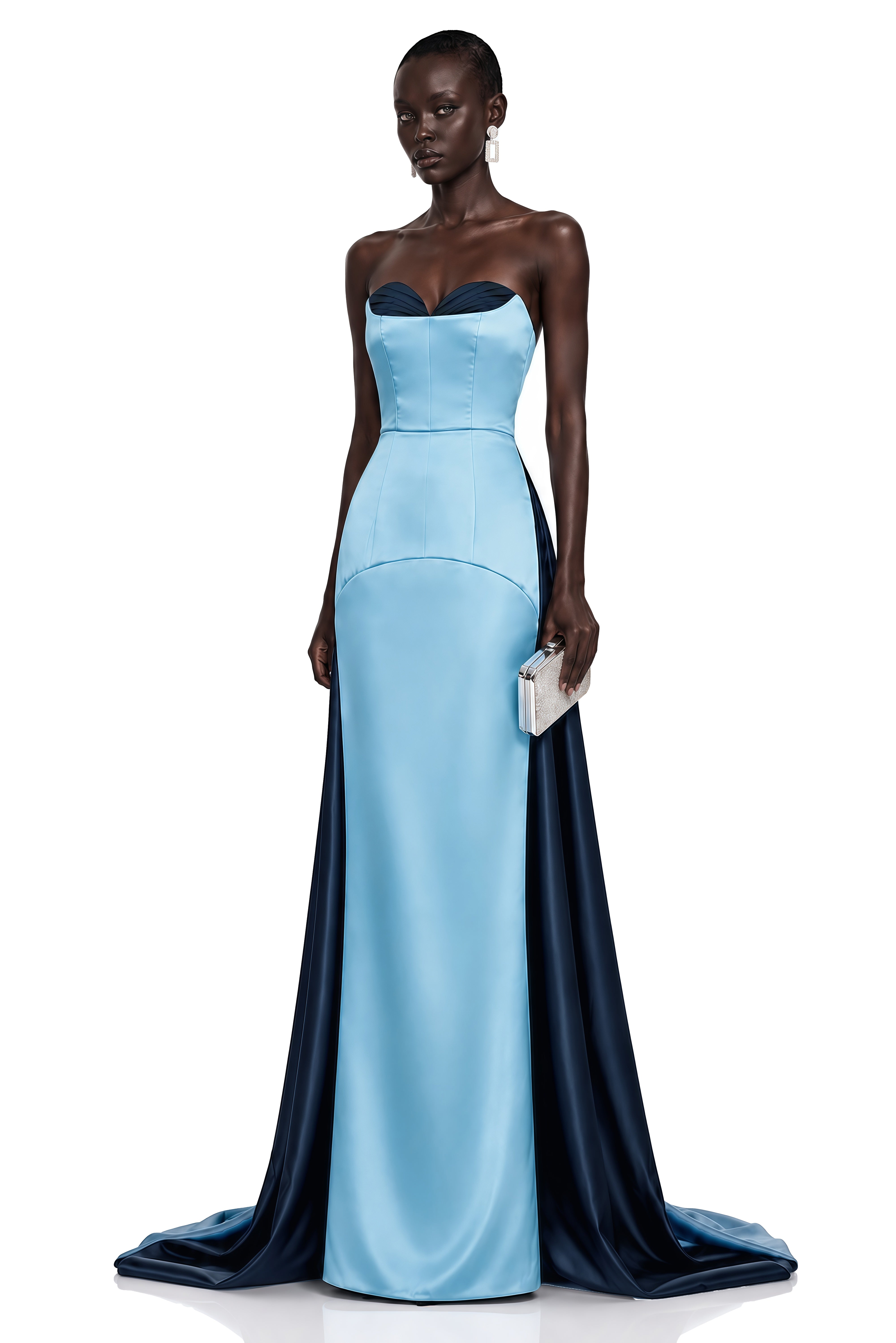 Two-tone light and navy blue strapless satin maxi dress with a sweetheart neckline