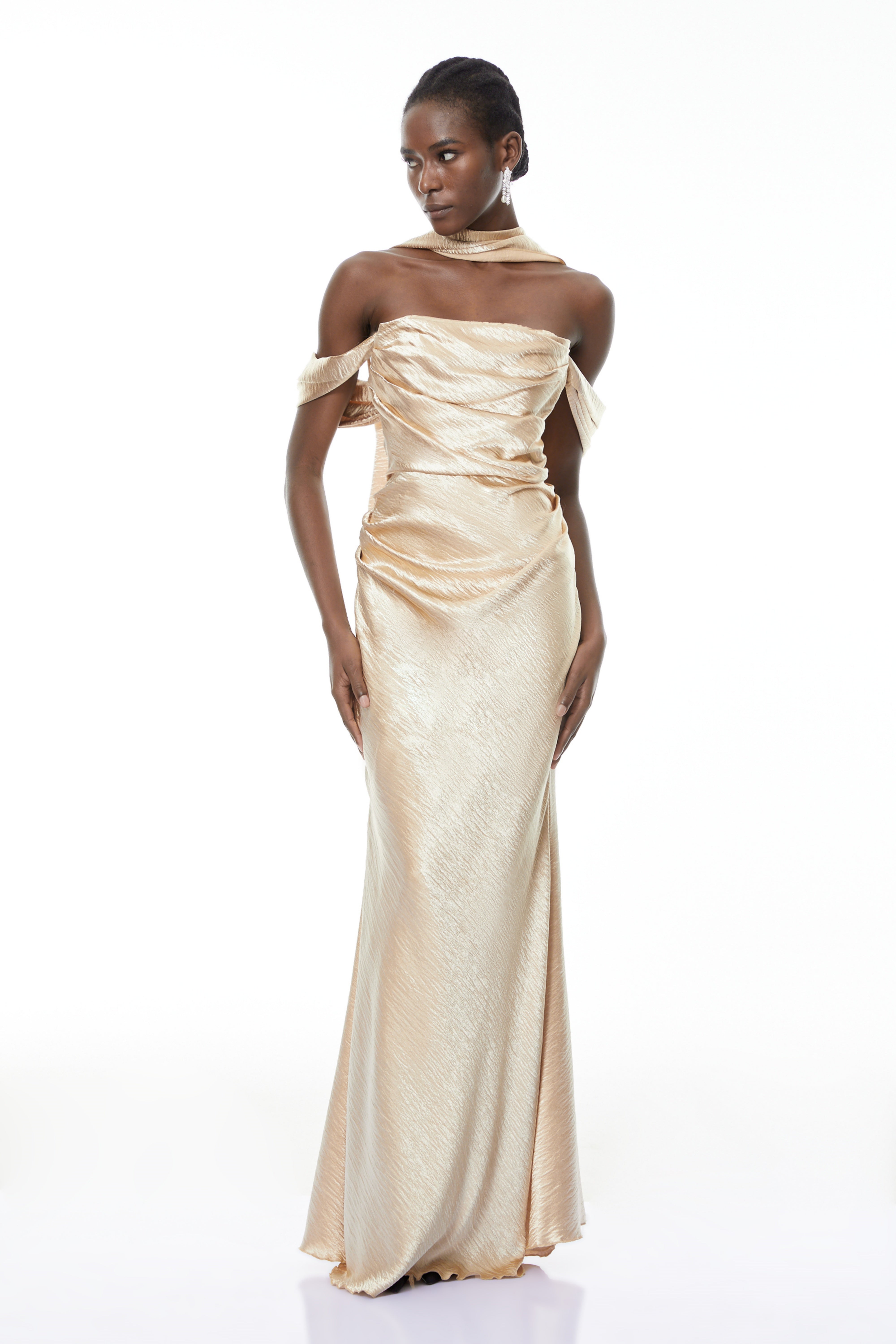 Blanche Gold Off Shoulder Mermaid Maxi Dress