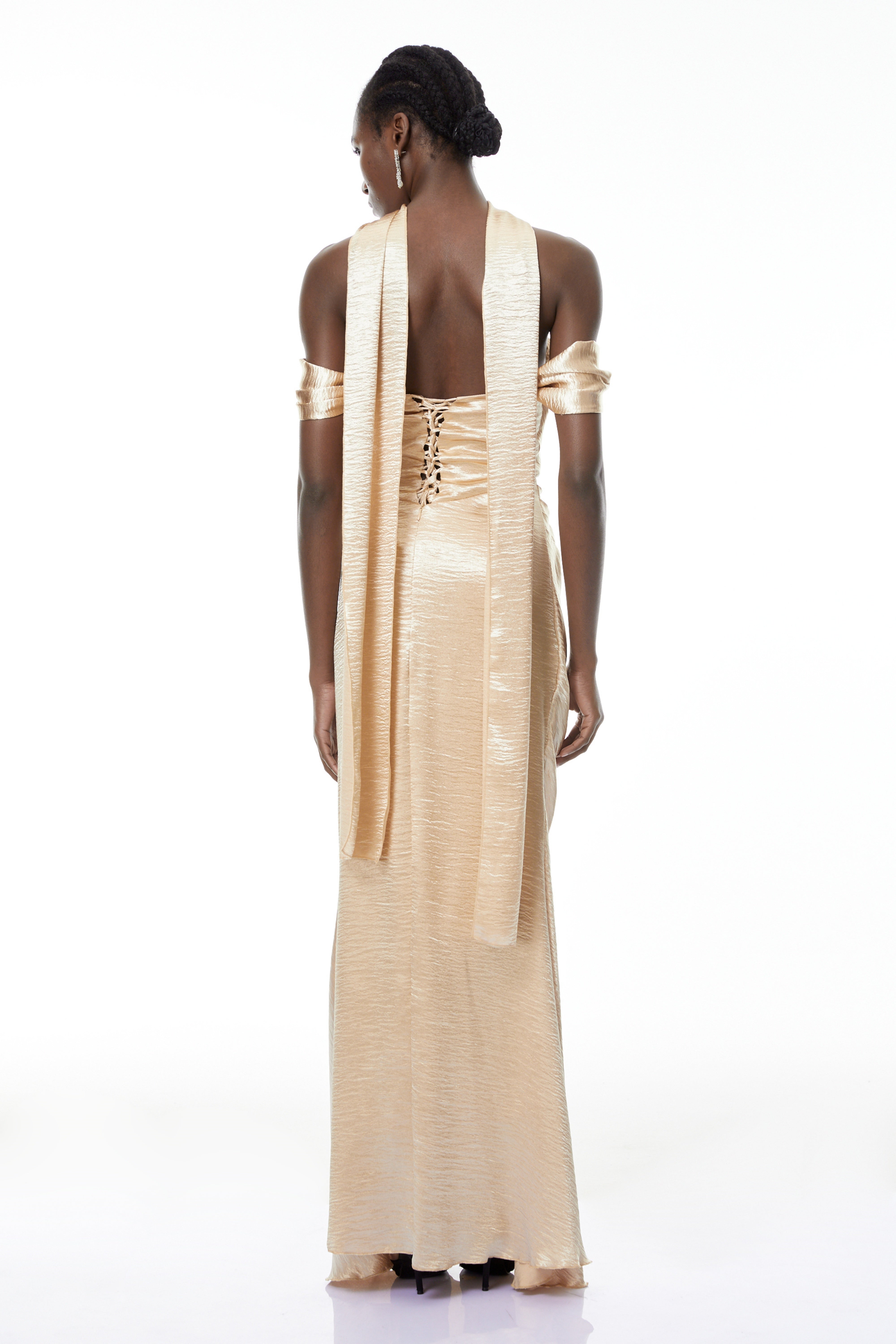 Blanche Gold Off Shoulder Mermaid Maxi Dress