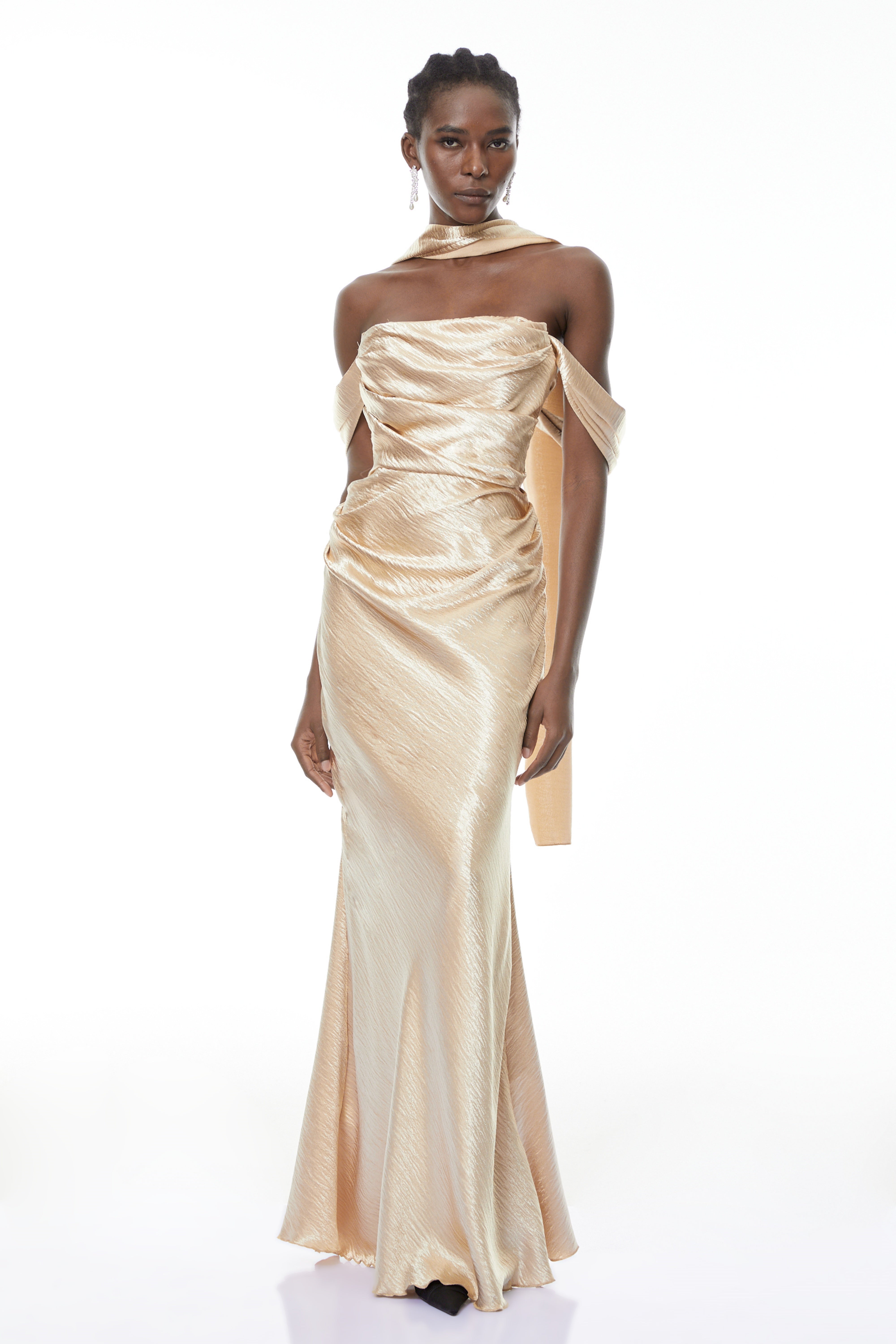 Blanche Gold Off Shoulder Mermaid Maxi Dress
