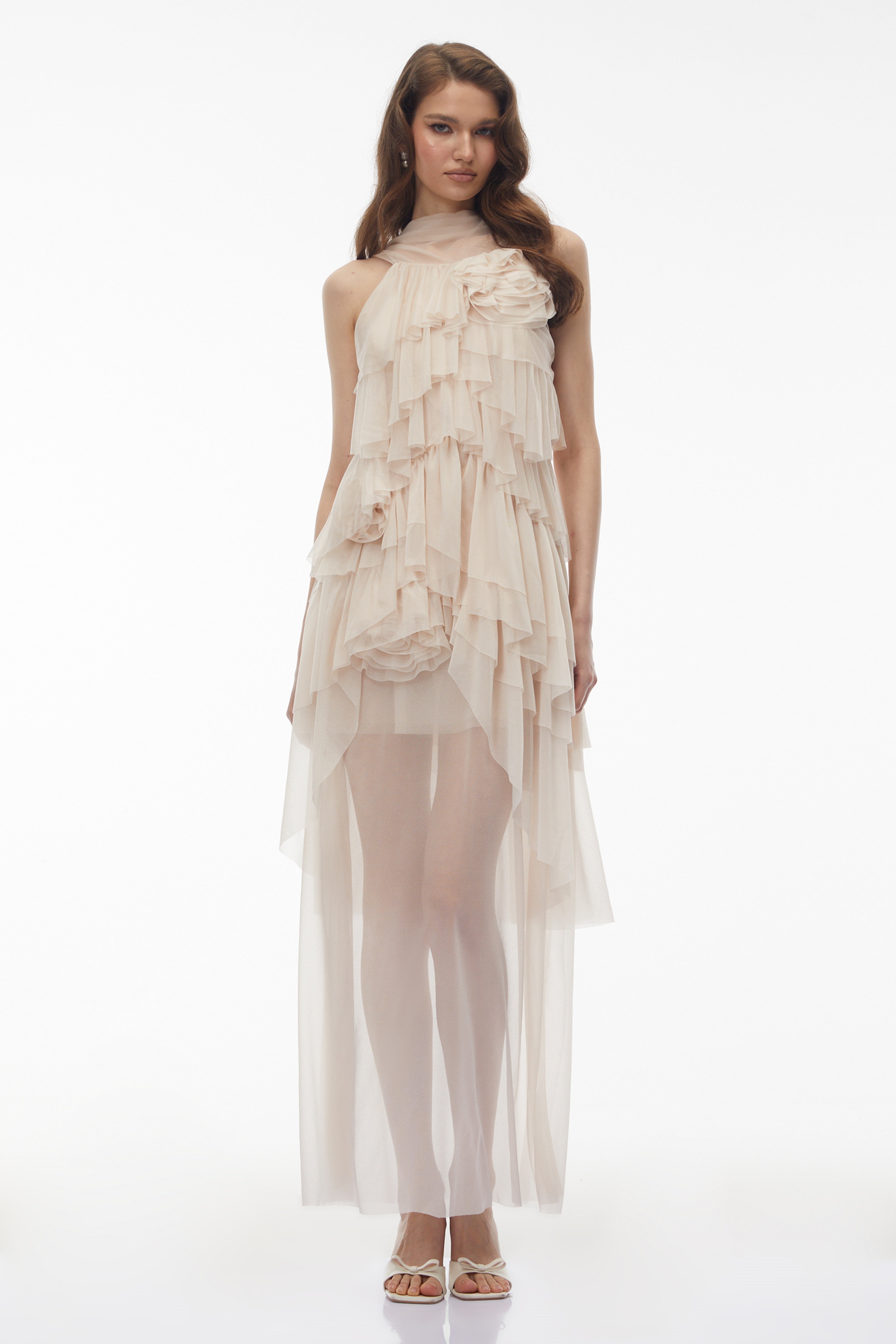 Blanche Neutral Floral Ruffled Maxi Dress