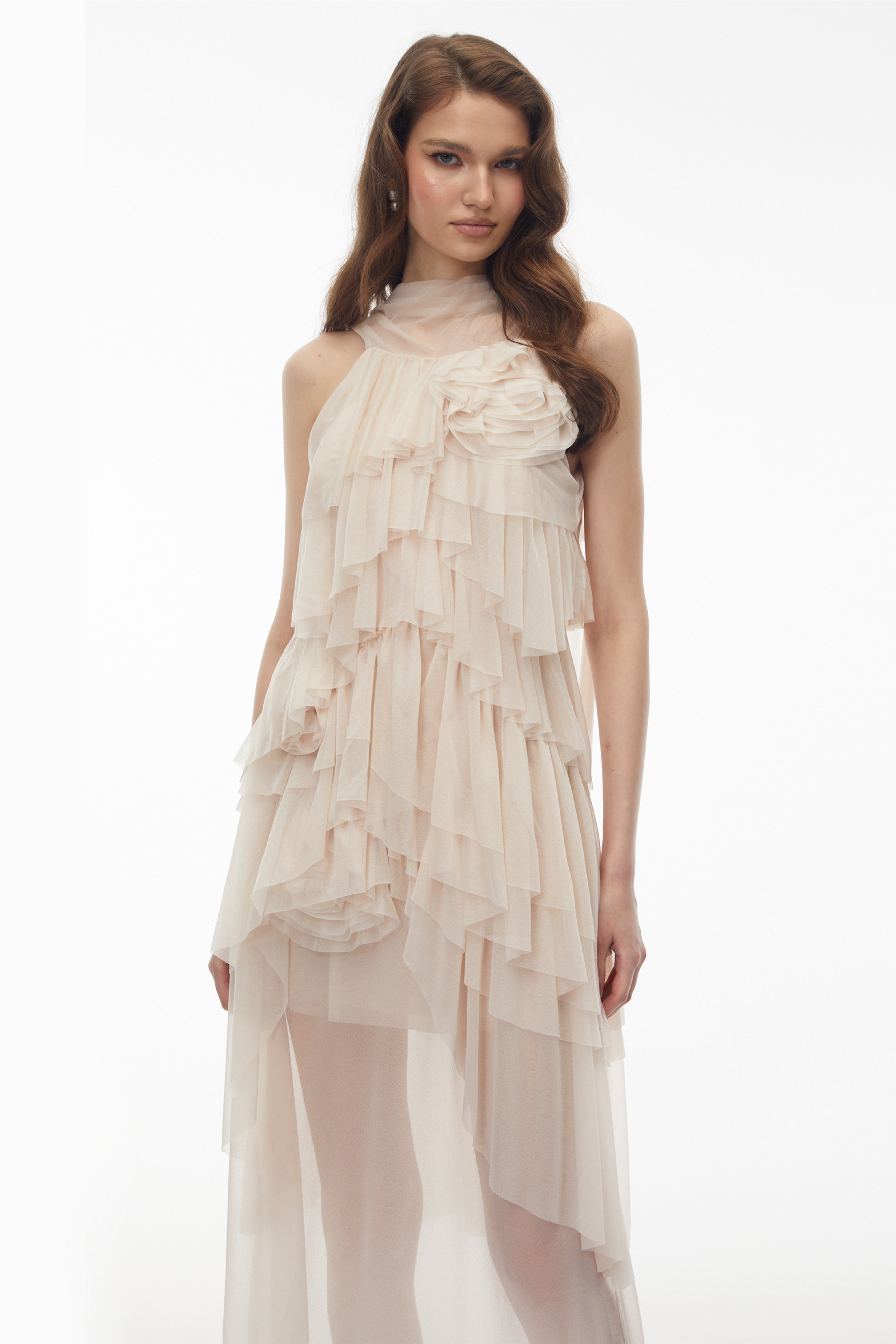 Blanche Neutral Floral Ruffled Maxi Dress