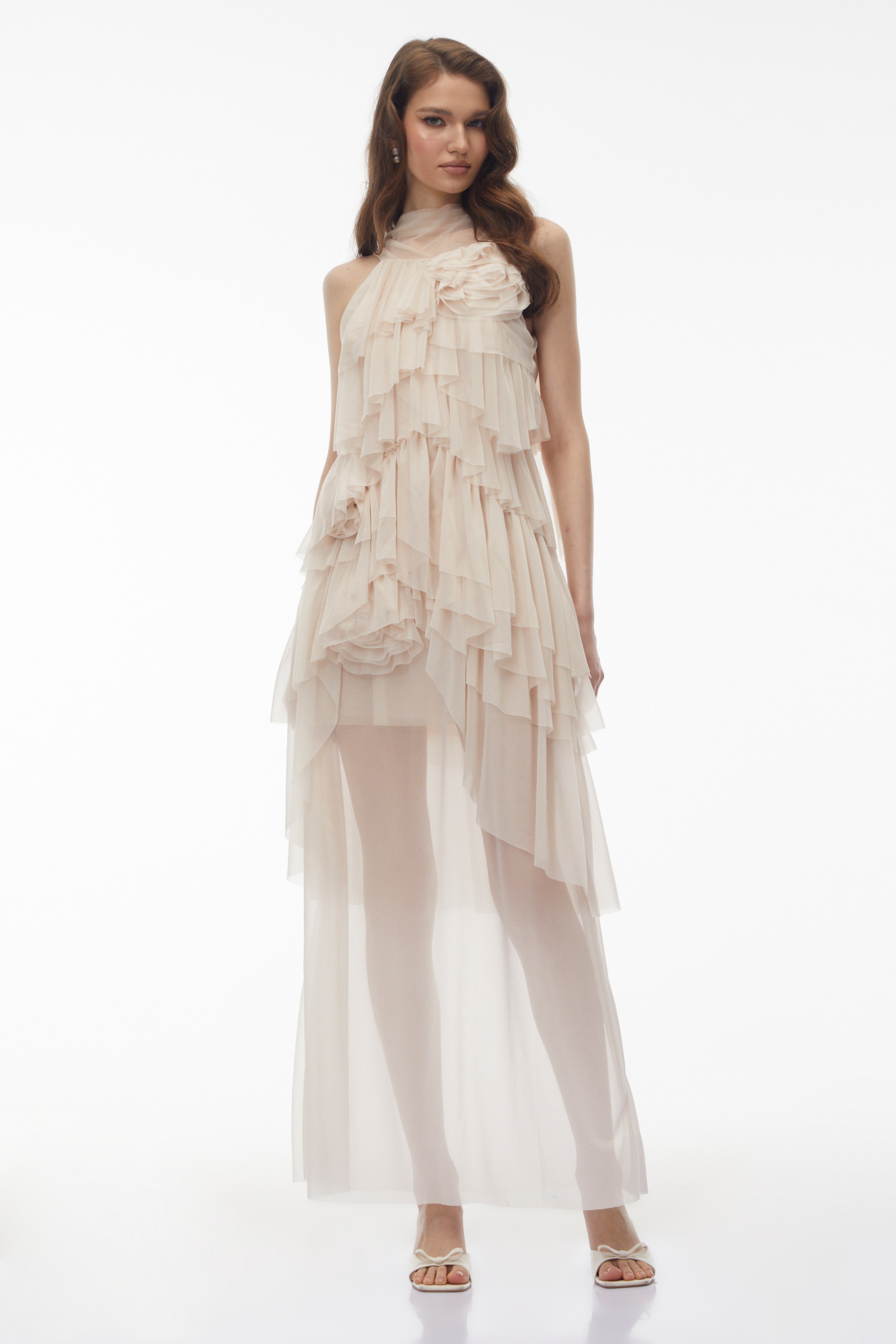 Blanche Neutral Floral Ruffled Maxi Dress