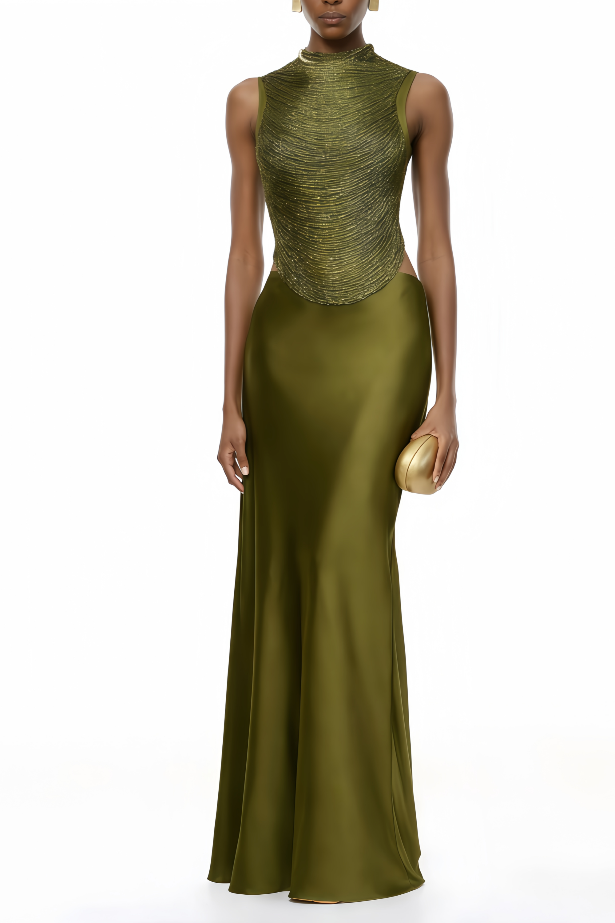 Borbála Green Fringed Top & Satin Skirt Set