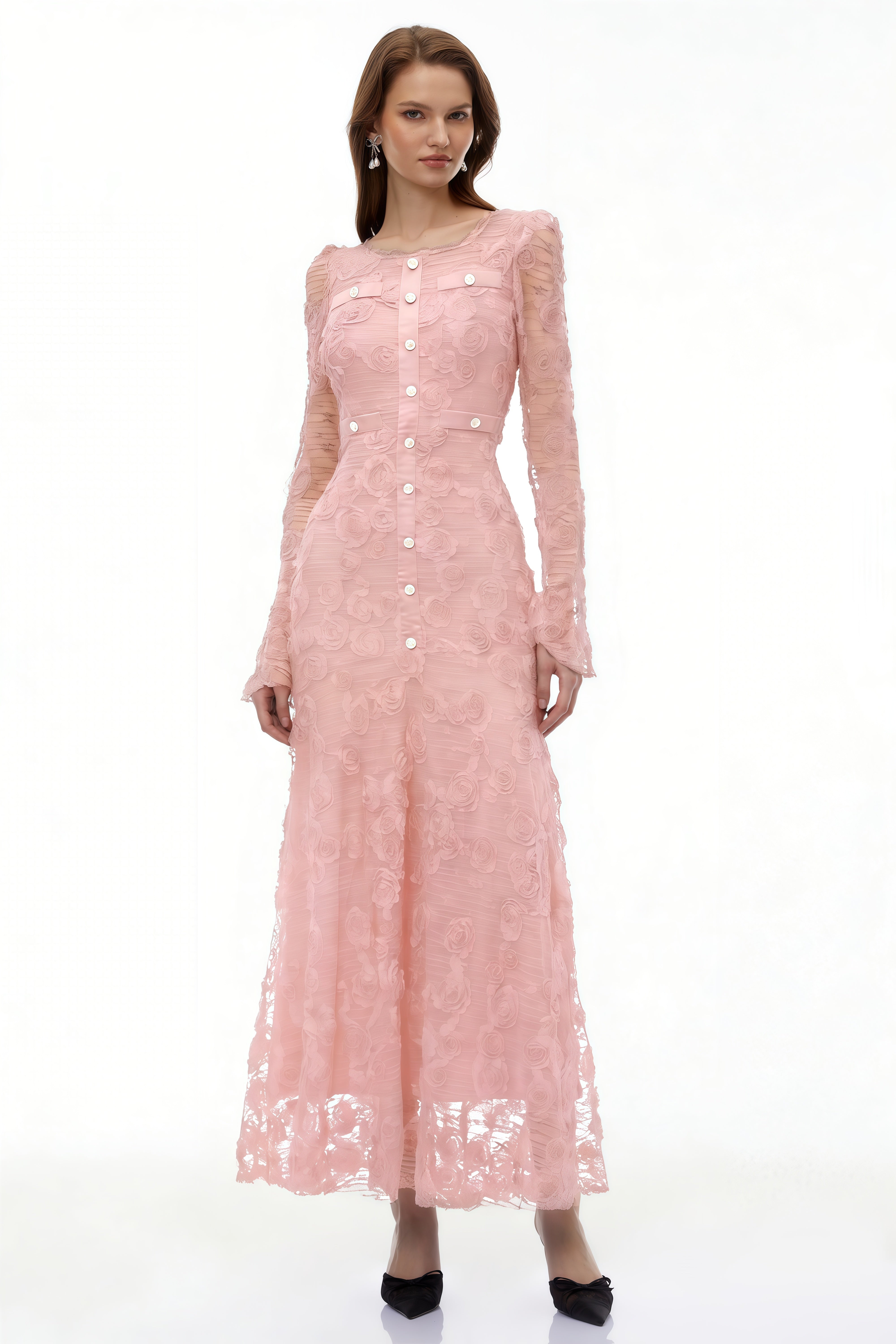 Maxikleid aus bestickter Spitze mit 3D-Blumenmuster von Branwen Pink