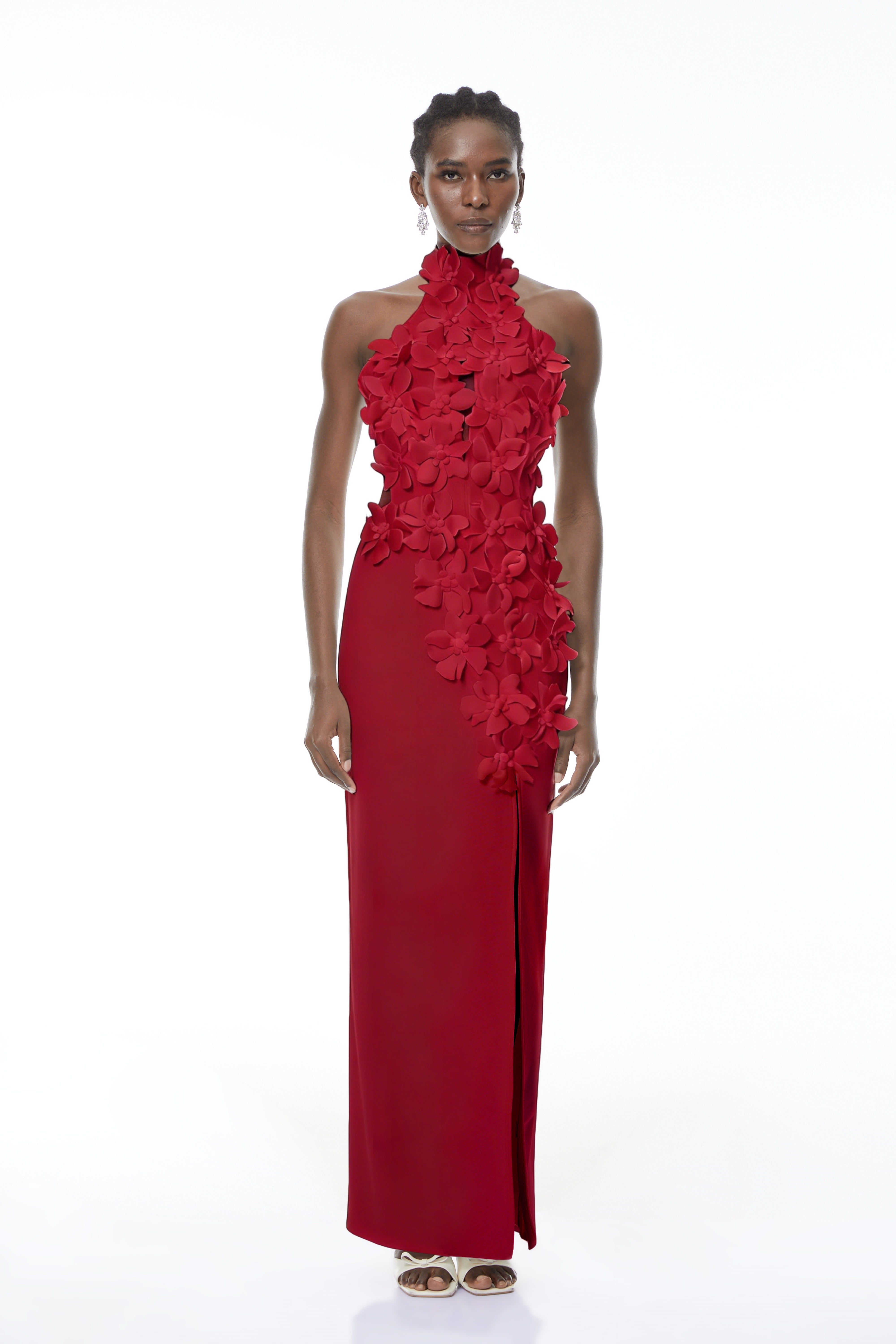 Brian Red Halterneck 3D Petal Maxi Dress