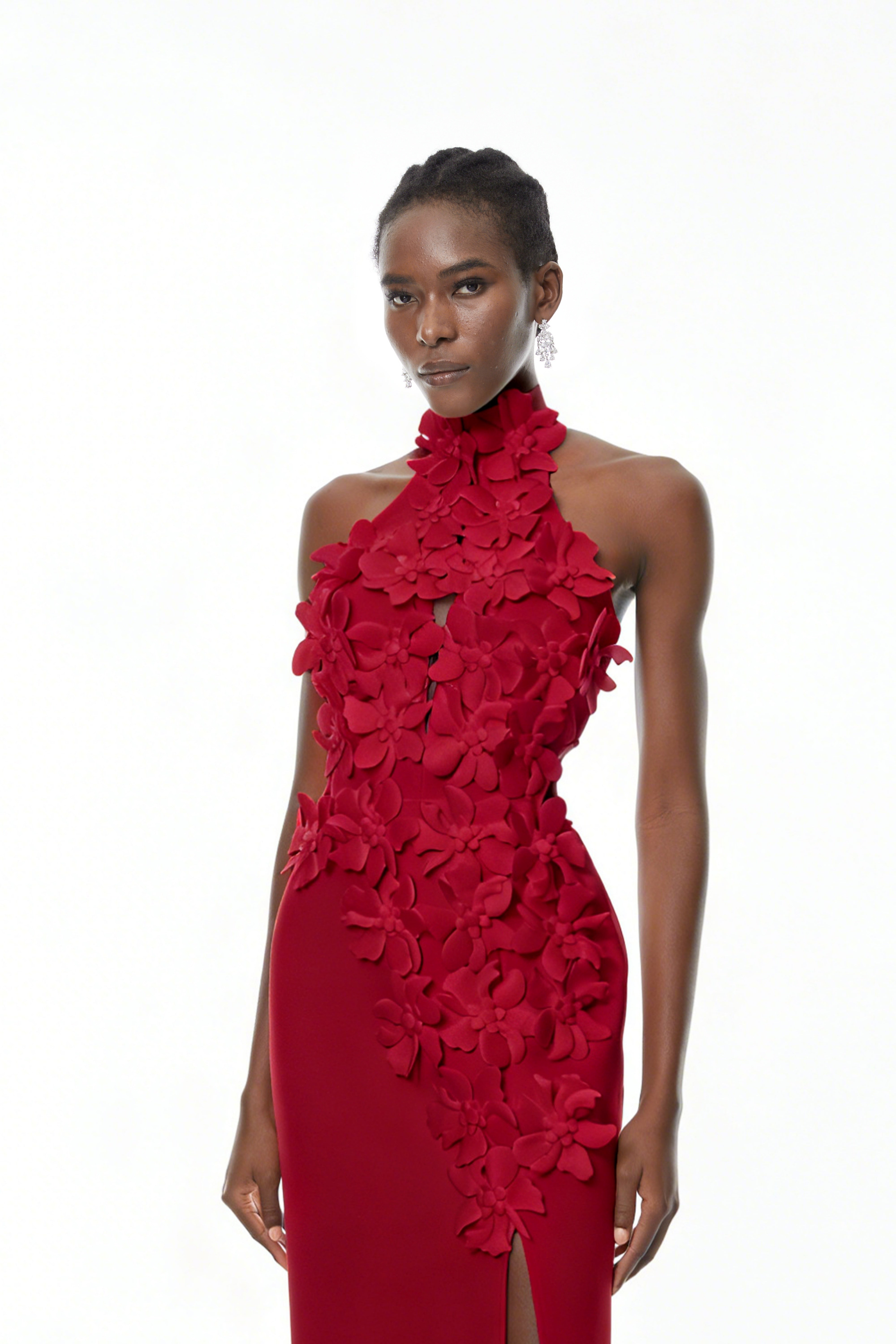 Brian Red Halterneck 3D Petal Maxi Dress