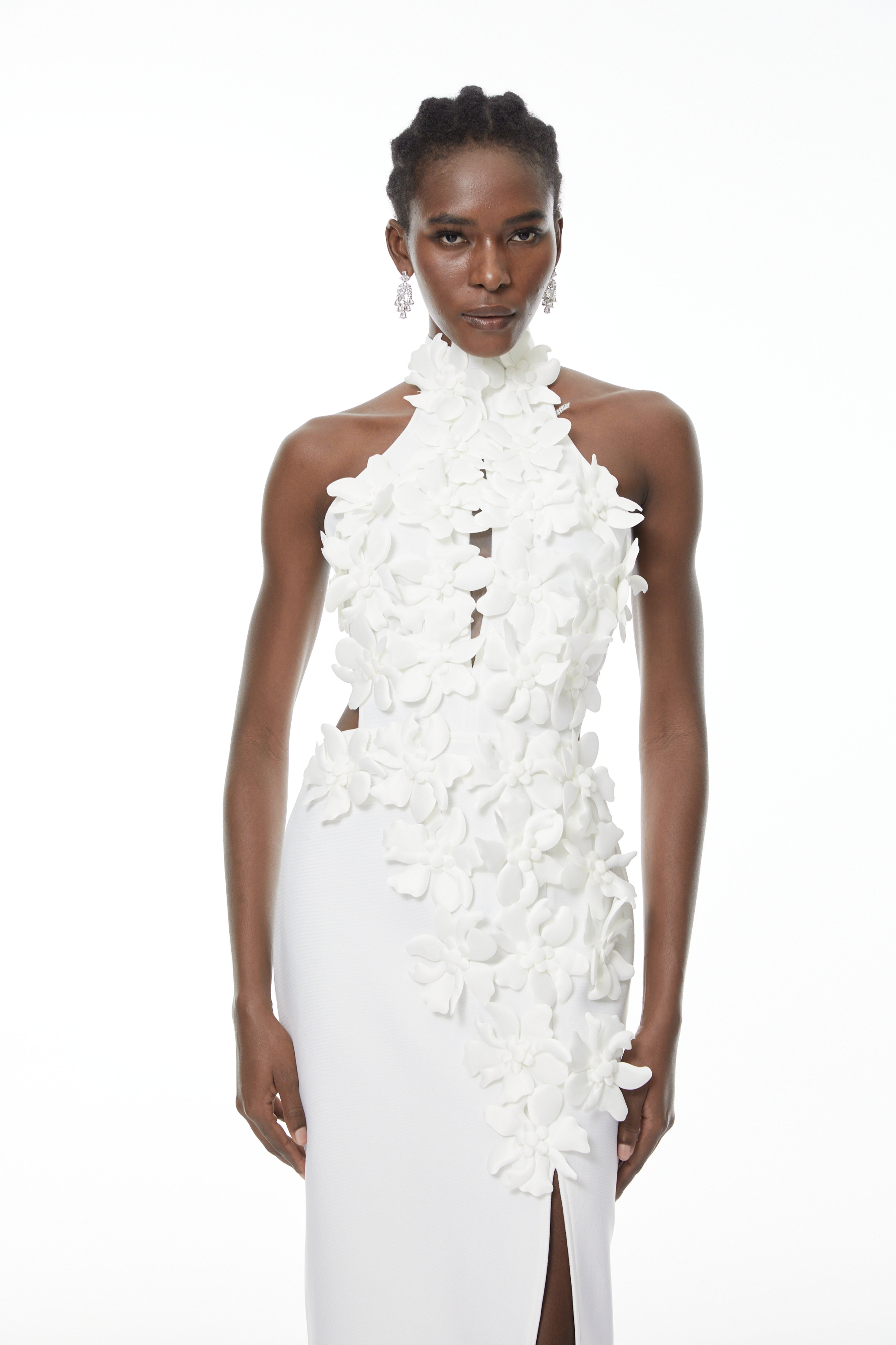 Brian White Halterneck 3D Petal Maxi Dress