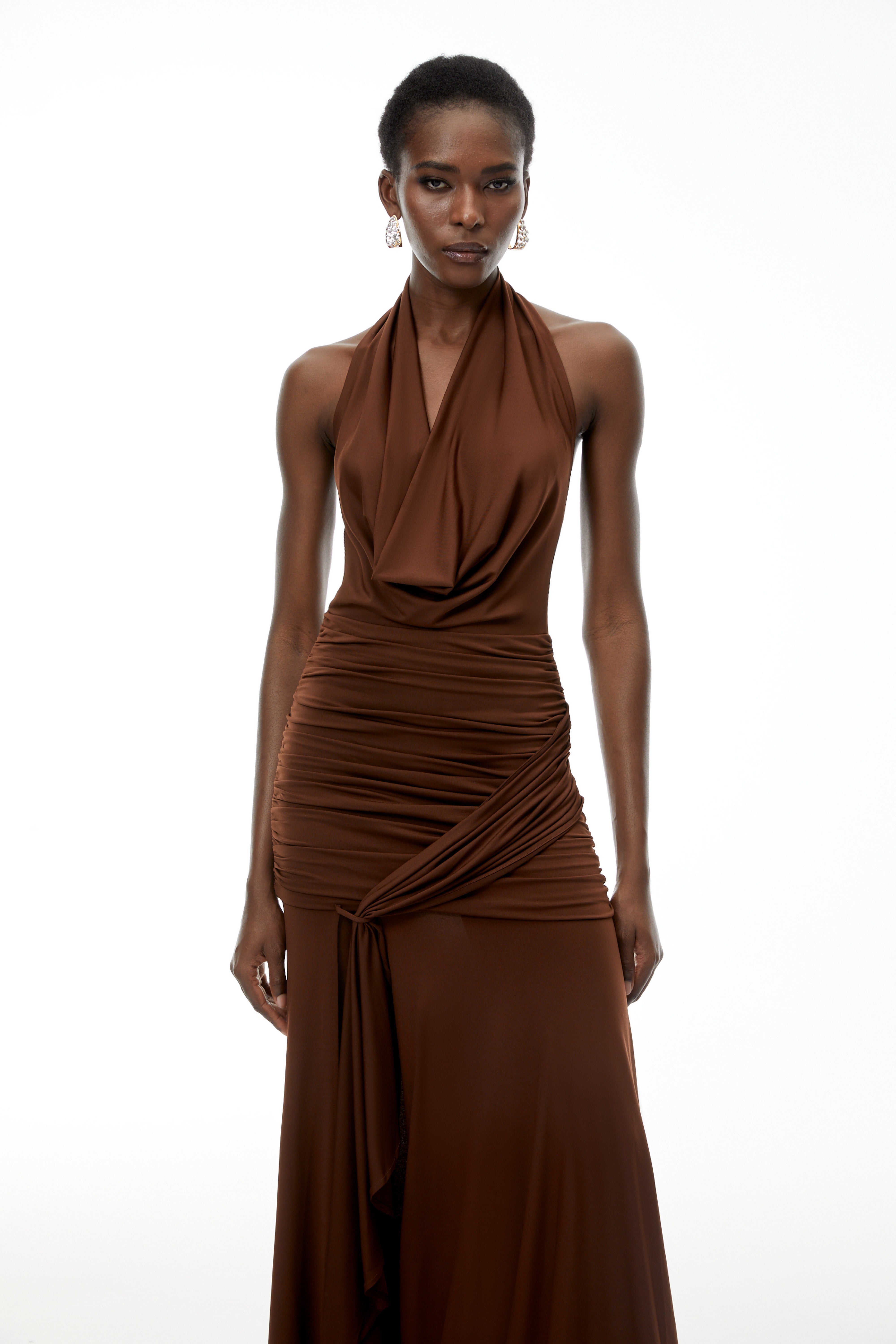Brianna Chocolate Brown Halterneck Ruched Maxi Dress