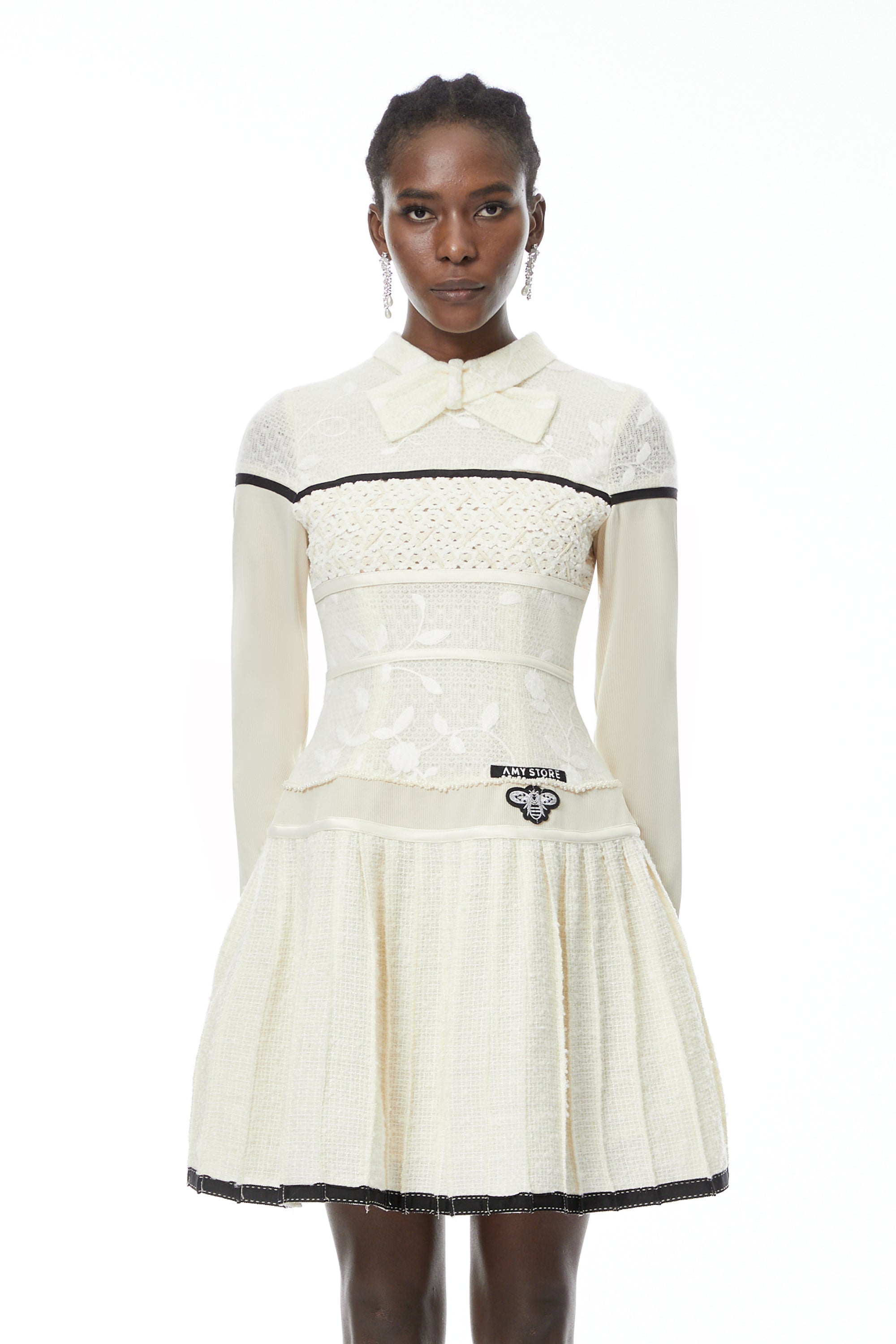 Bridget White Pleated Mini Dress with Bow-Tie