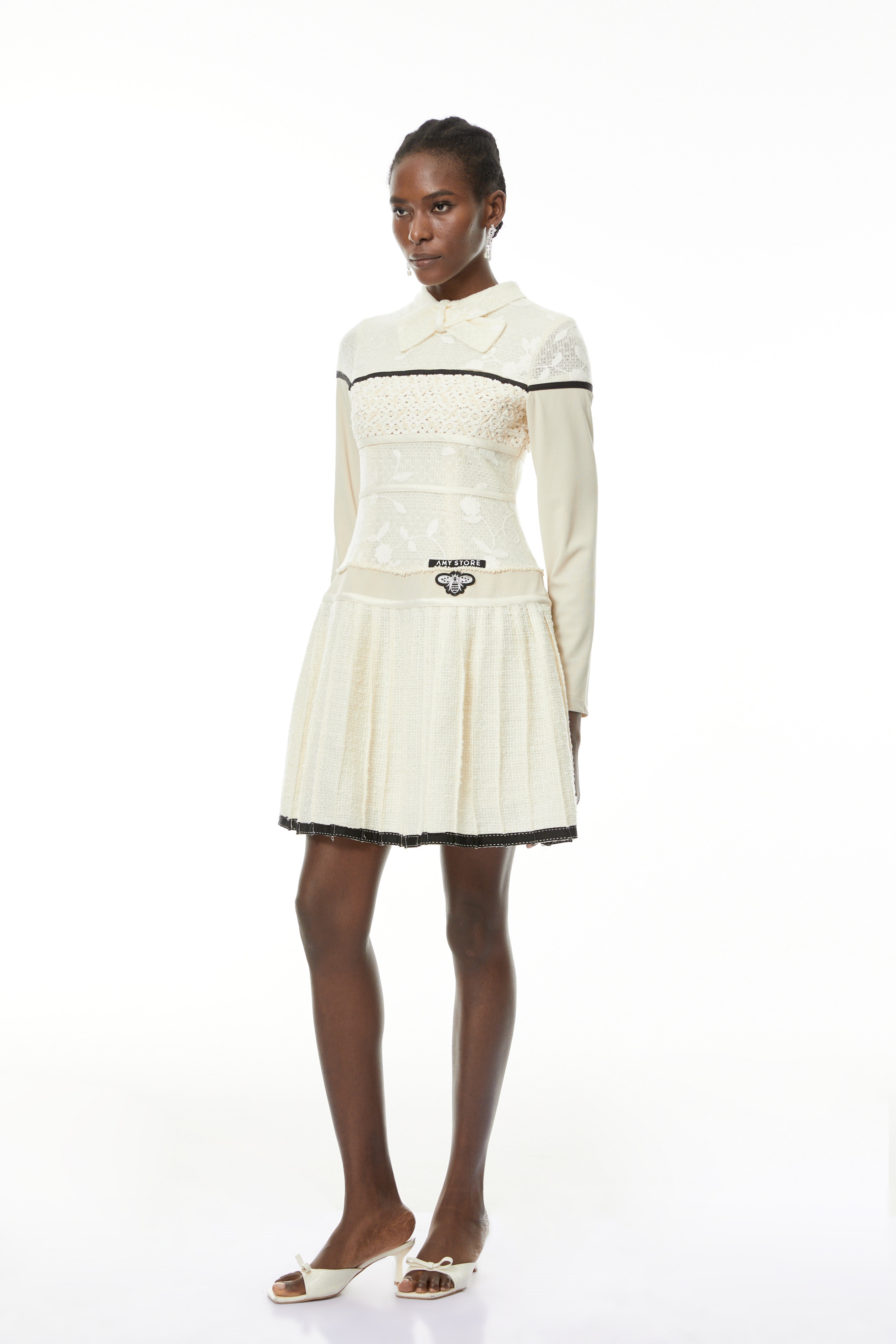 Bridget White Pleated Mini Dress with Bow-Tie