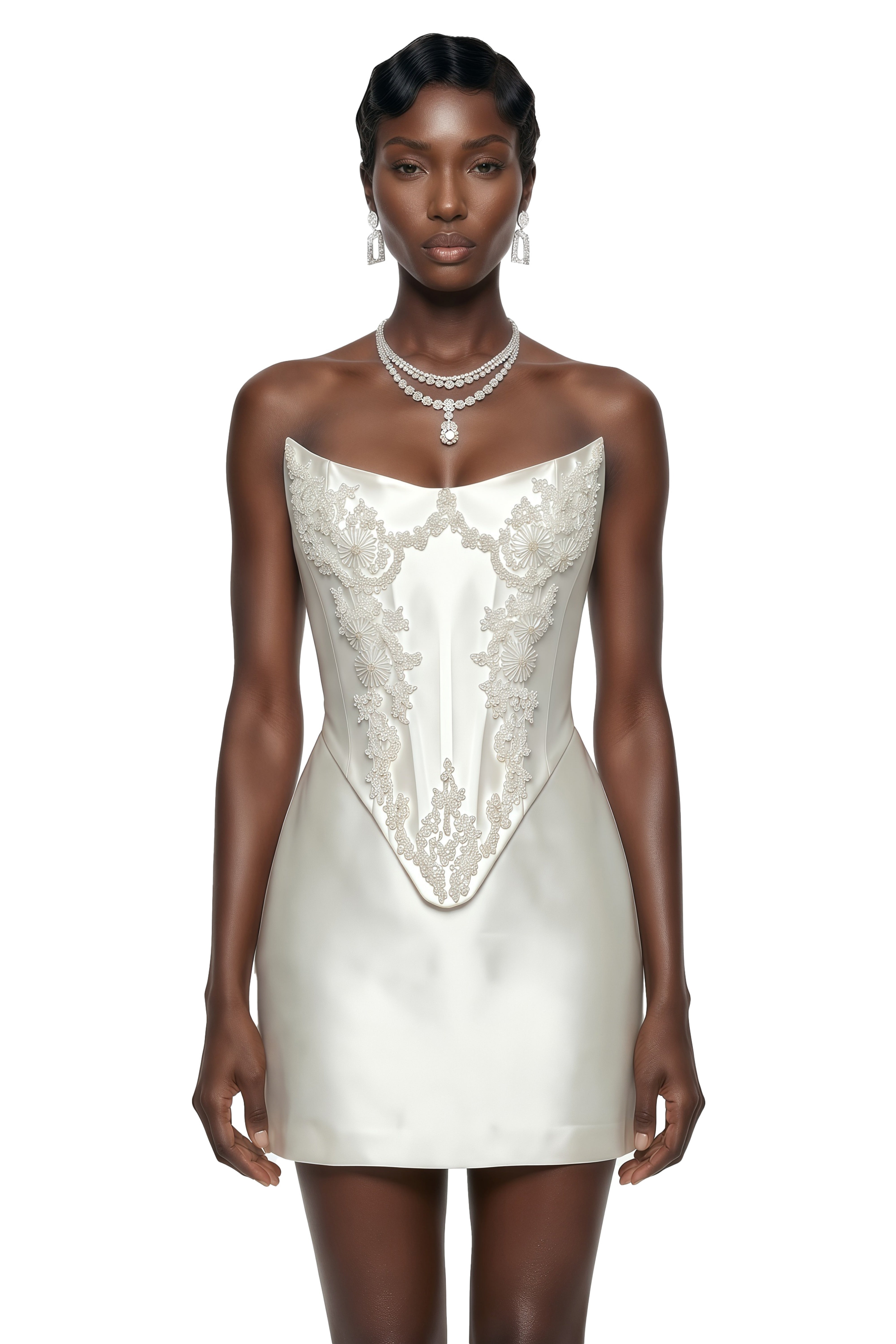 Brigitte White Sleeveless Rhinestone Top & Skirt Set