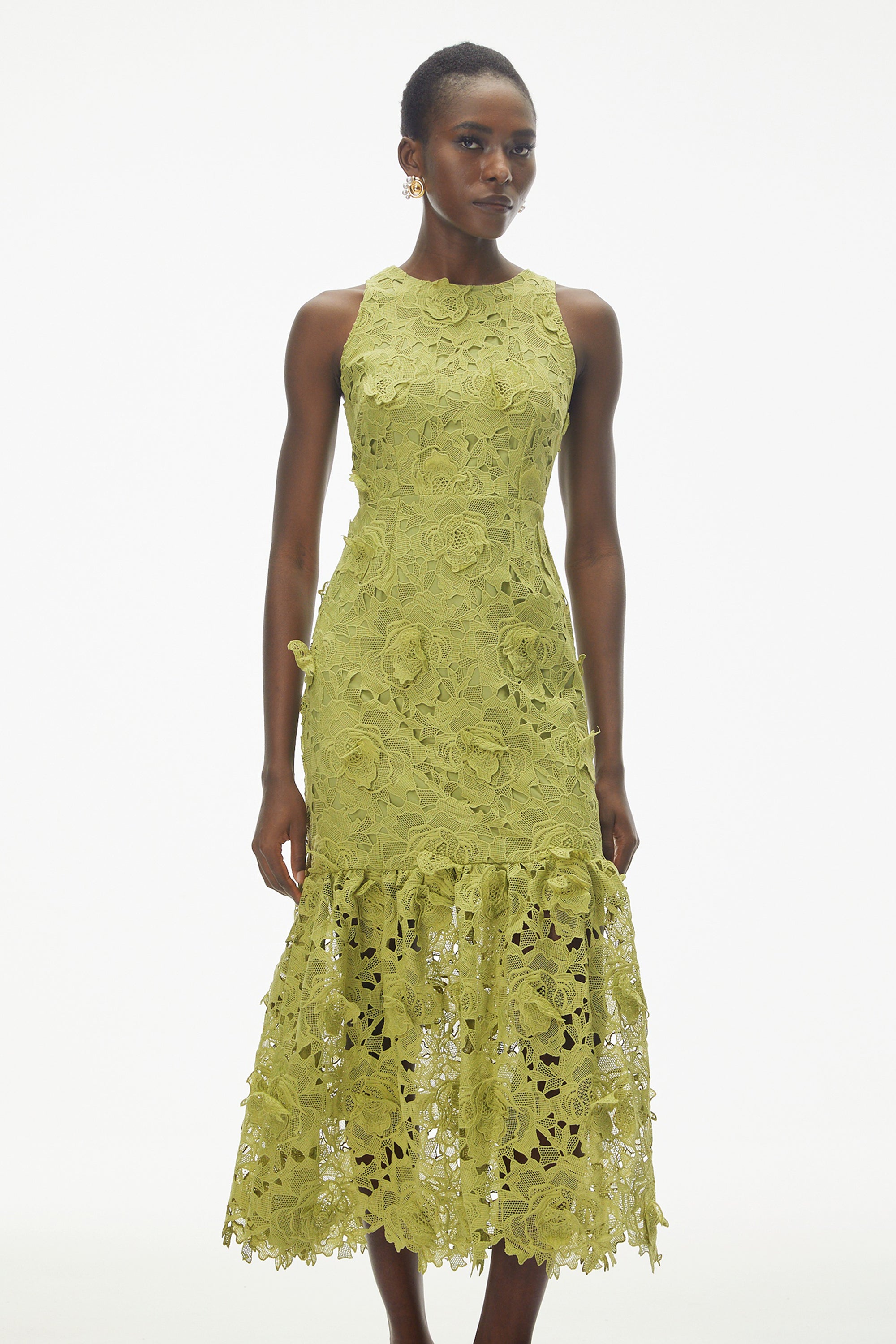 Briseis Midi-Kleid in Olivgrün mit 3D-Blumenmuster