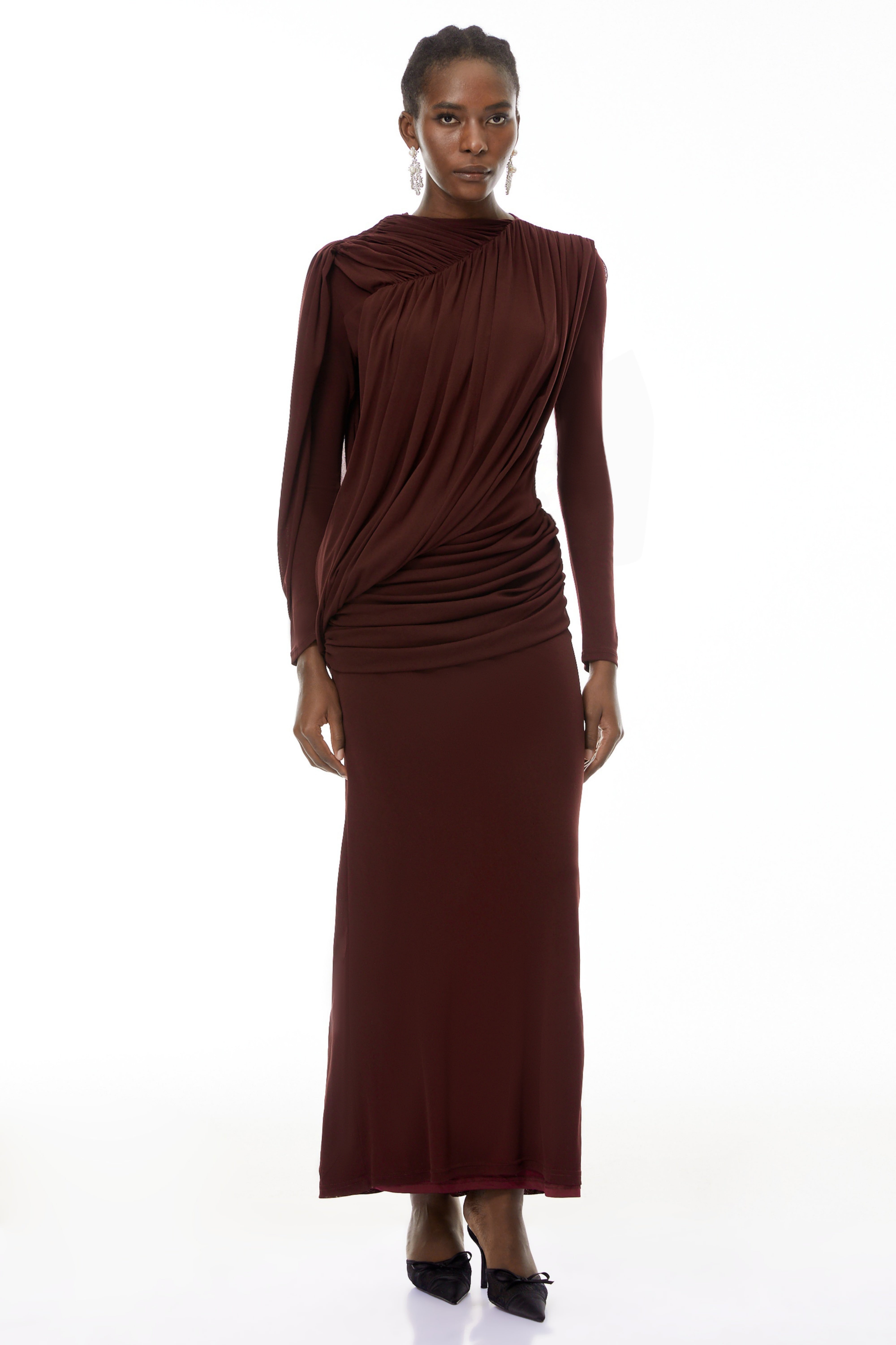 Briseis Russet Asymmetrical Ruched Maxi Dress