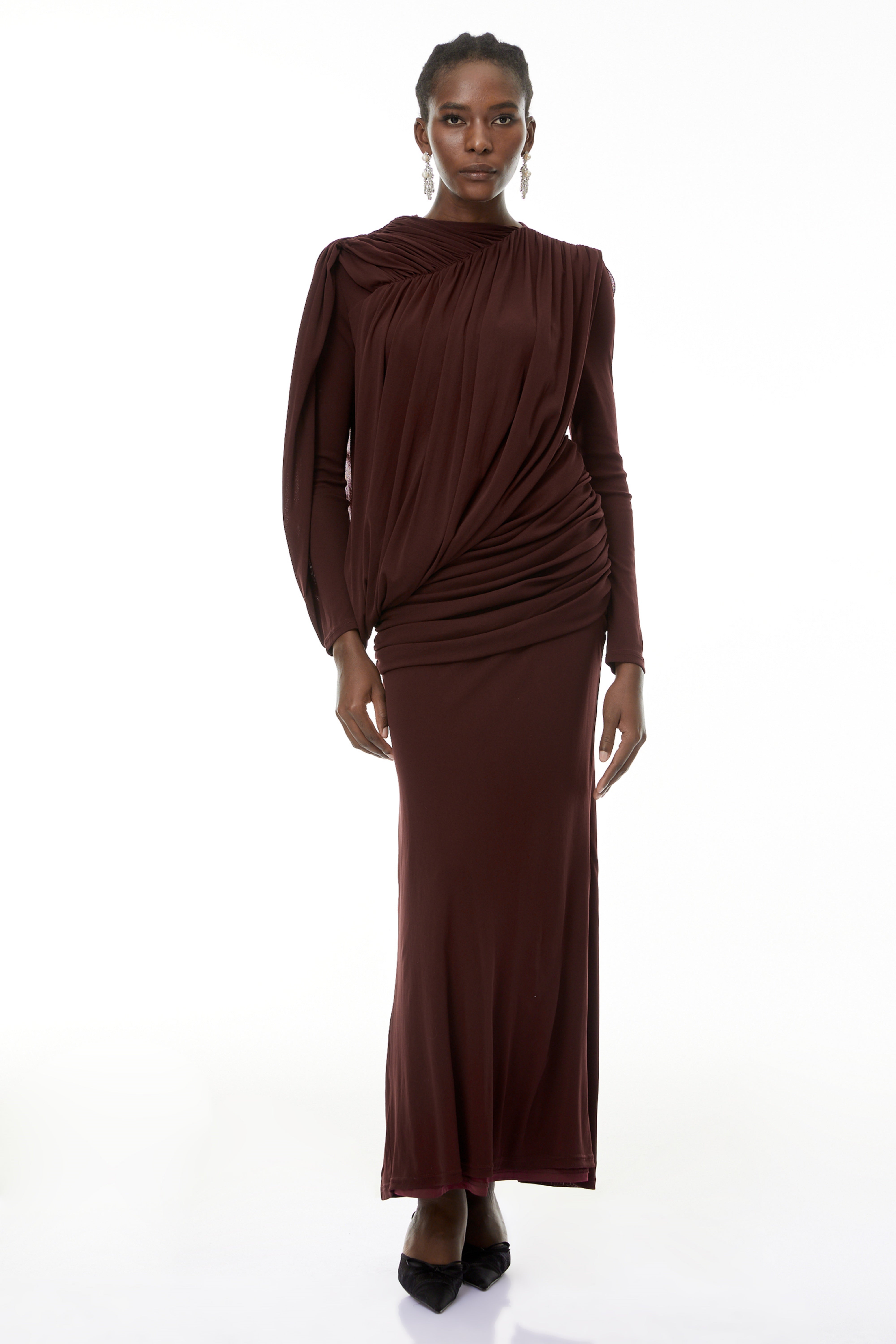 Briseis Russet Asymmetrical Ruched Maxi Dress