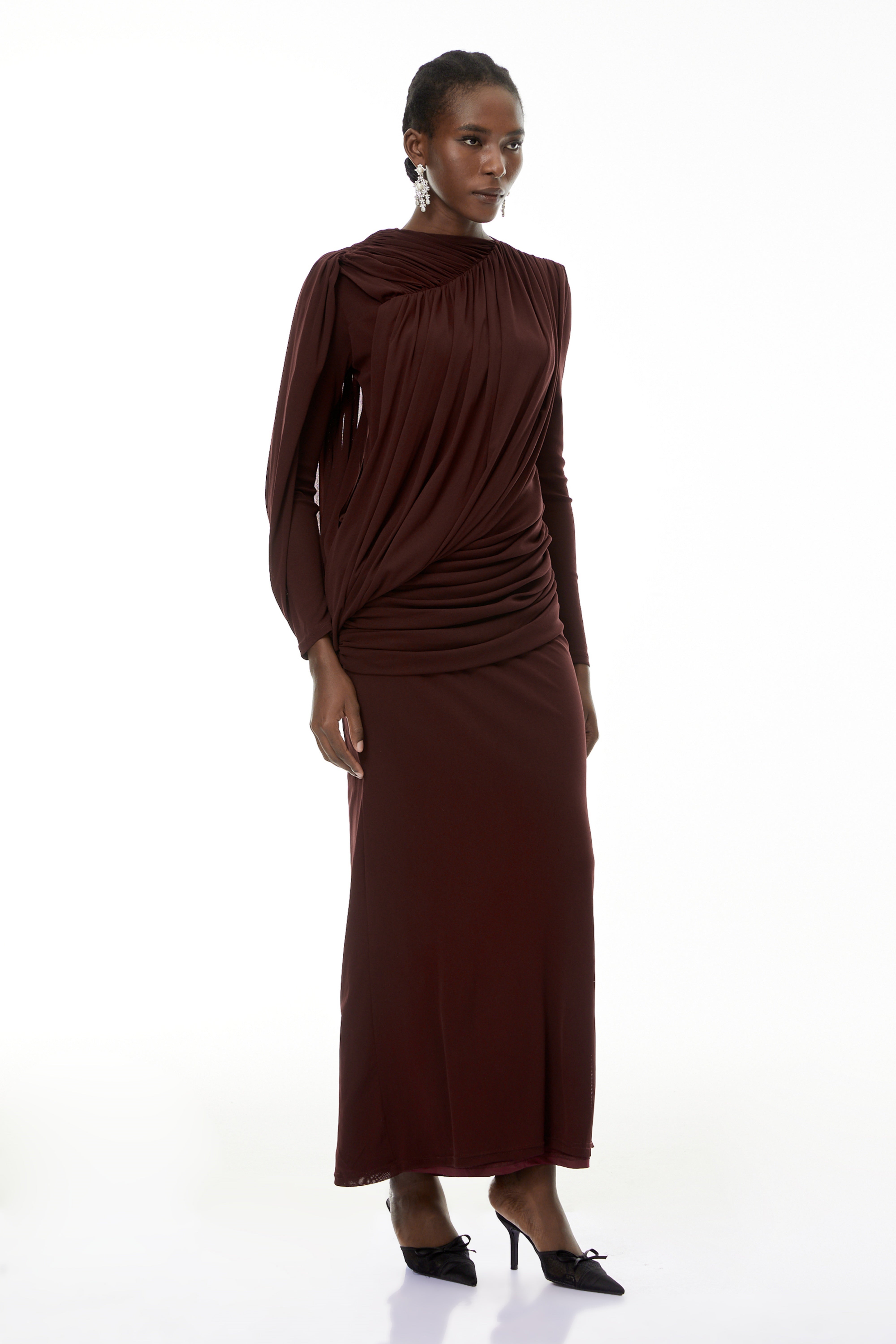 Briseis Russet Asymmetrical Ruched Maxi Dress