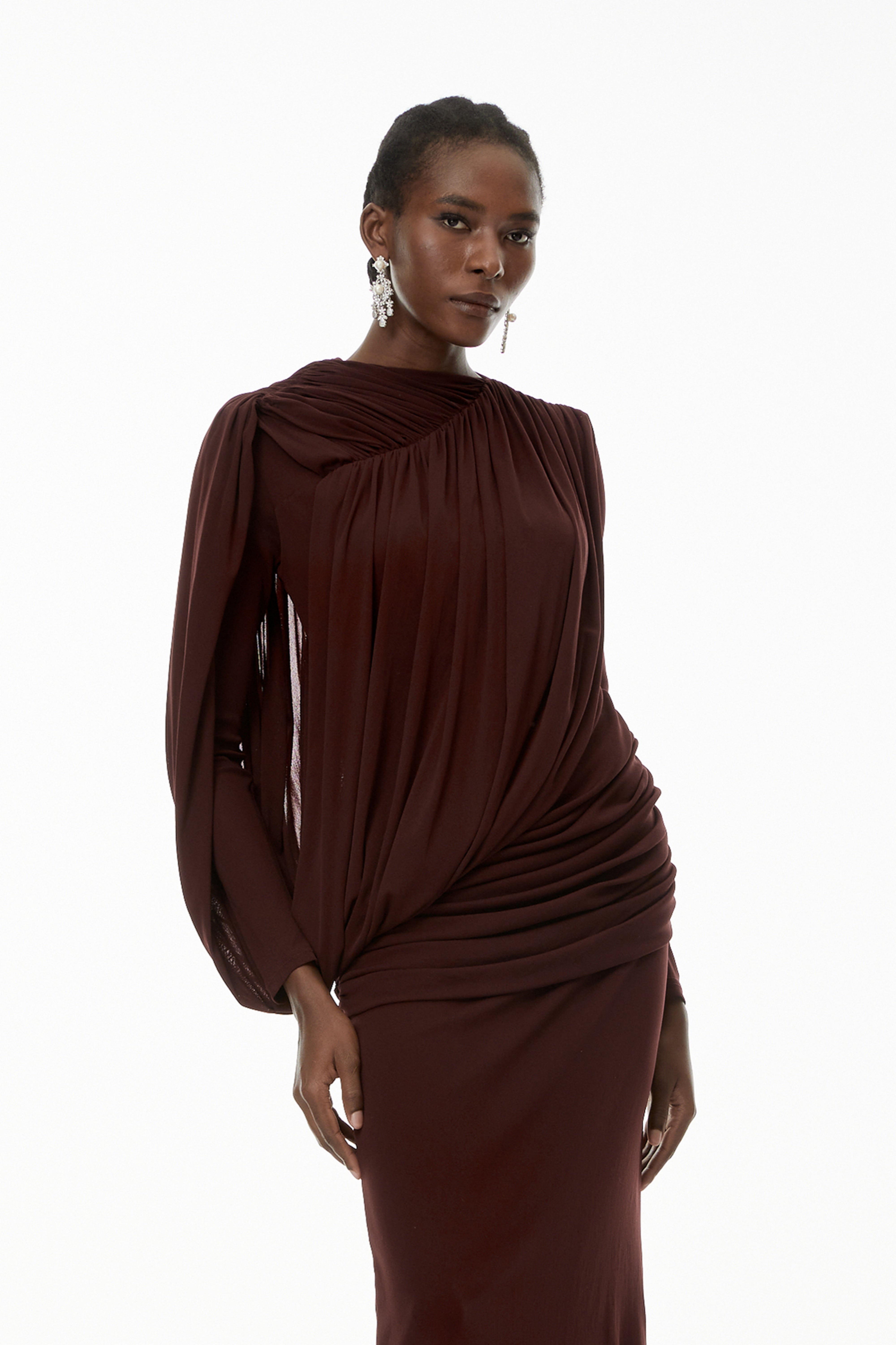 Briseis Russet Asymmetrical Ruched Maxi Dress