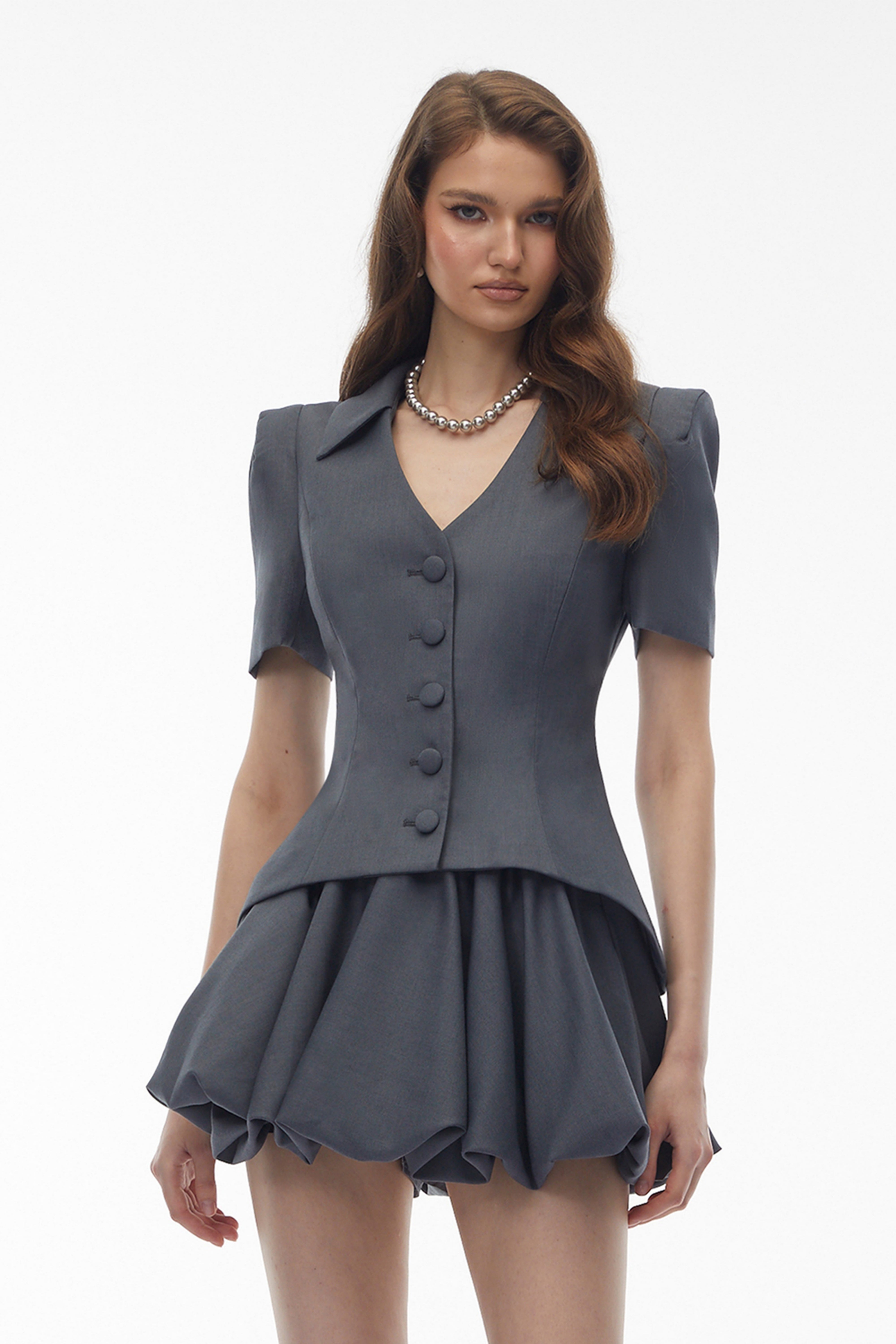 Bronislava Grey Plunge Neck Blouse & Skirt Set