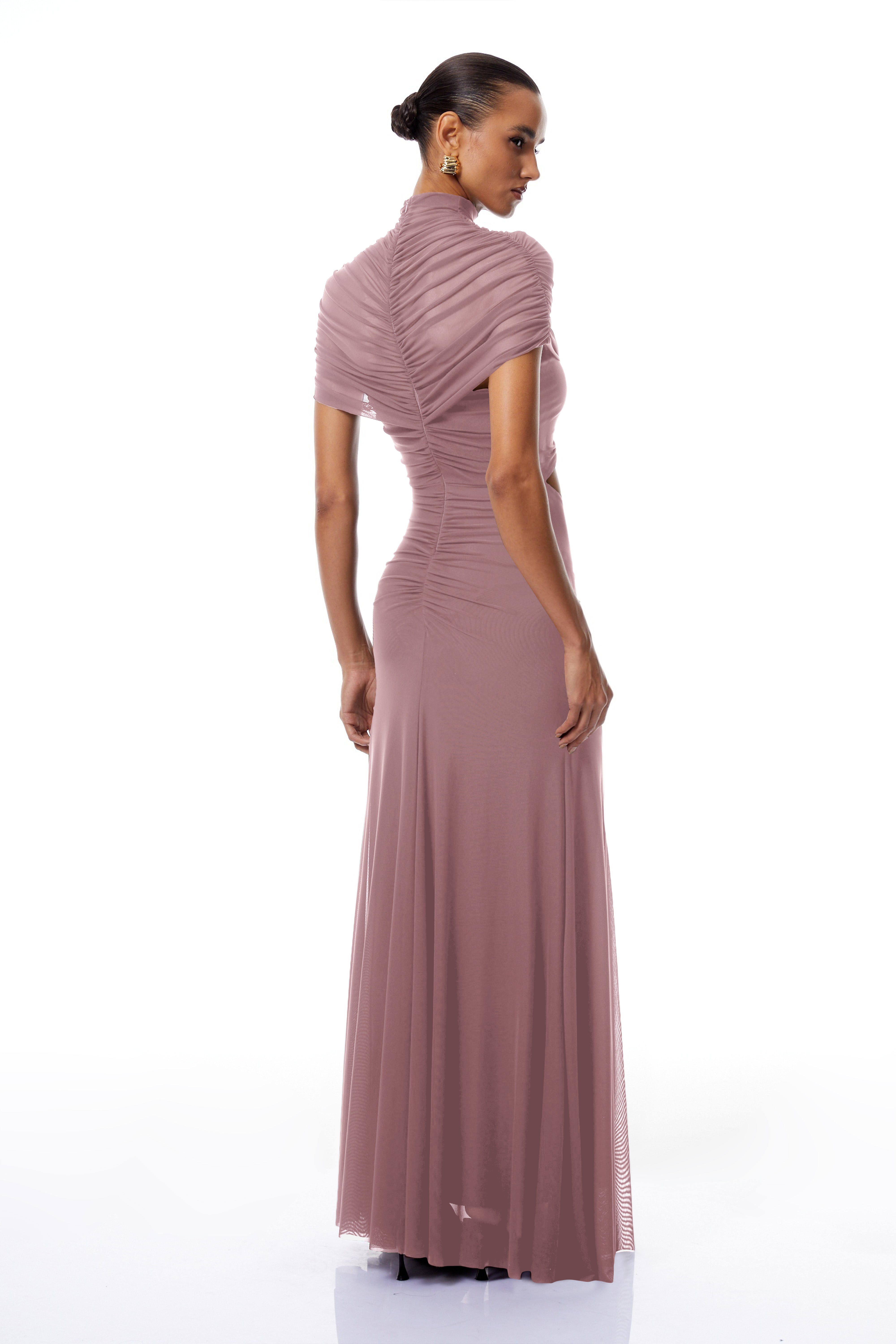 Bruna Purple Cut-Out Ruched Mesh Maxi Dress
