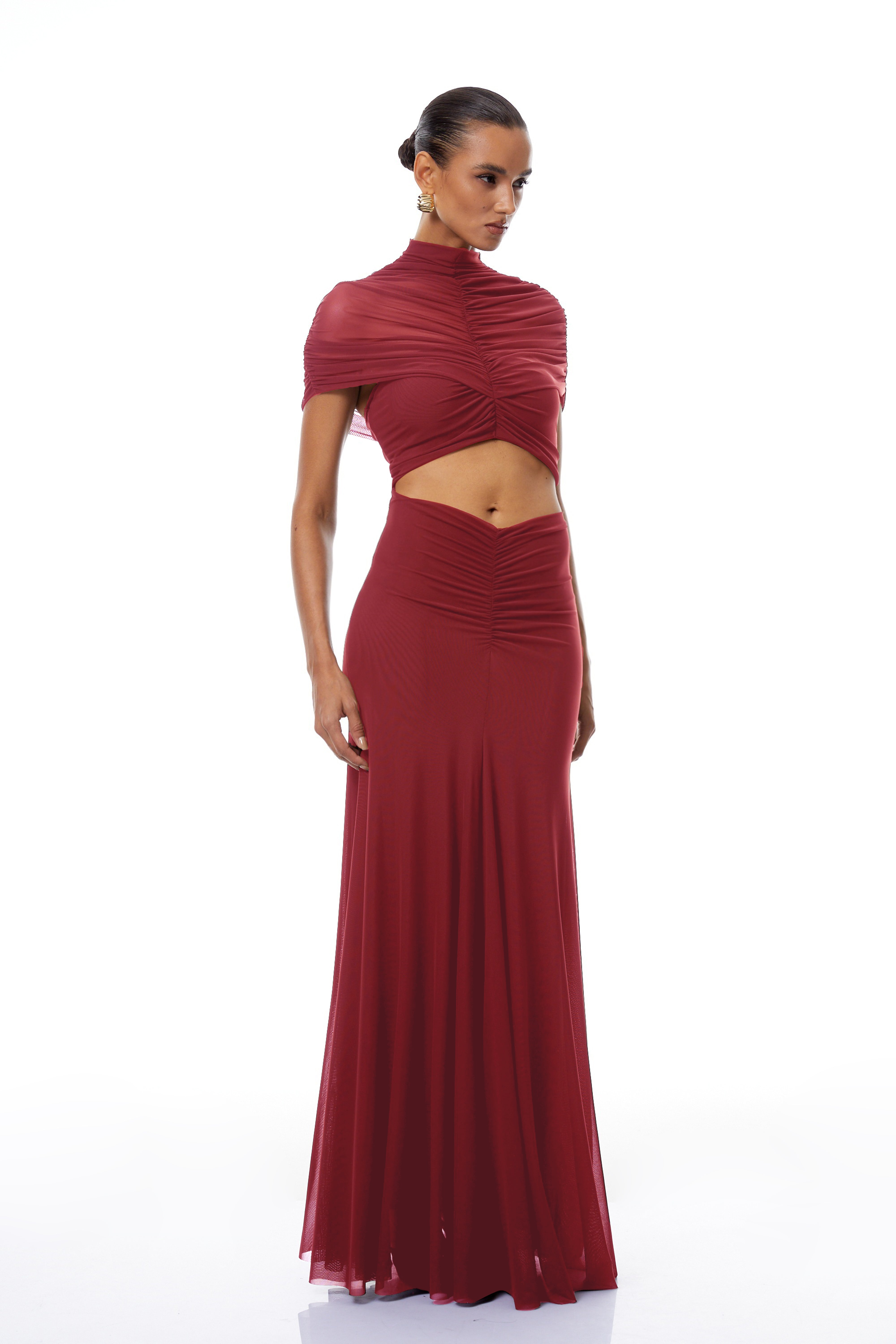 Bruna Red Cut-Out Ruched Mesh Maxi Dress