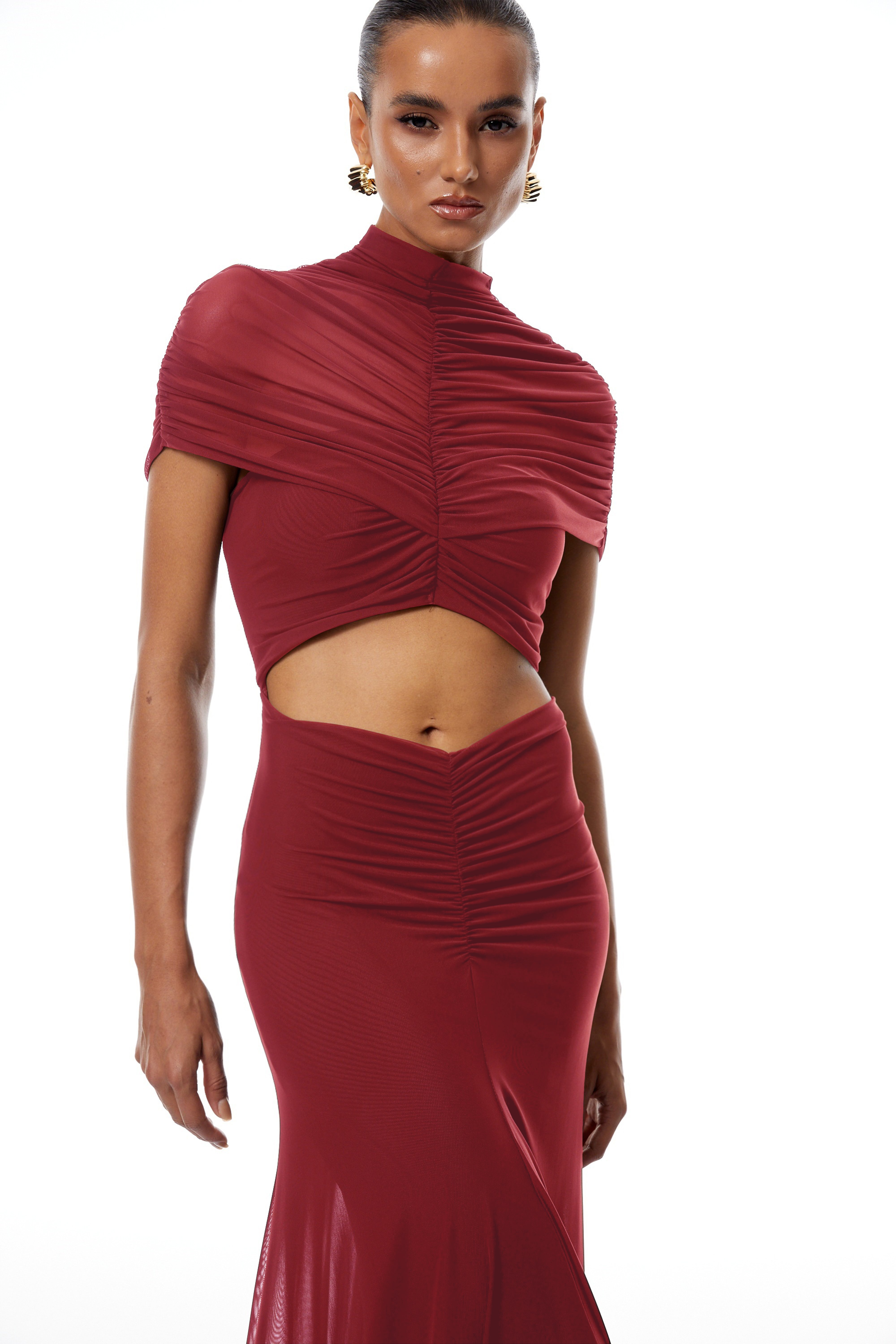 Bruna Red Cut-Out Ruched Mesh Maxi Dress