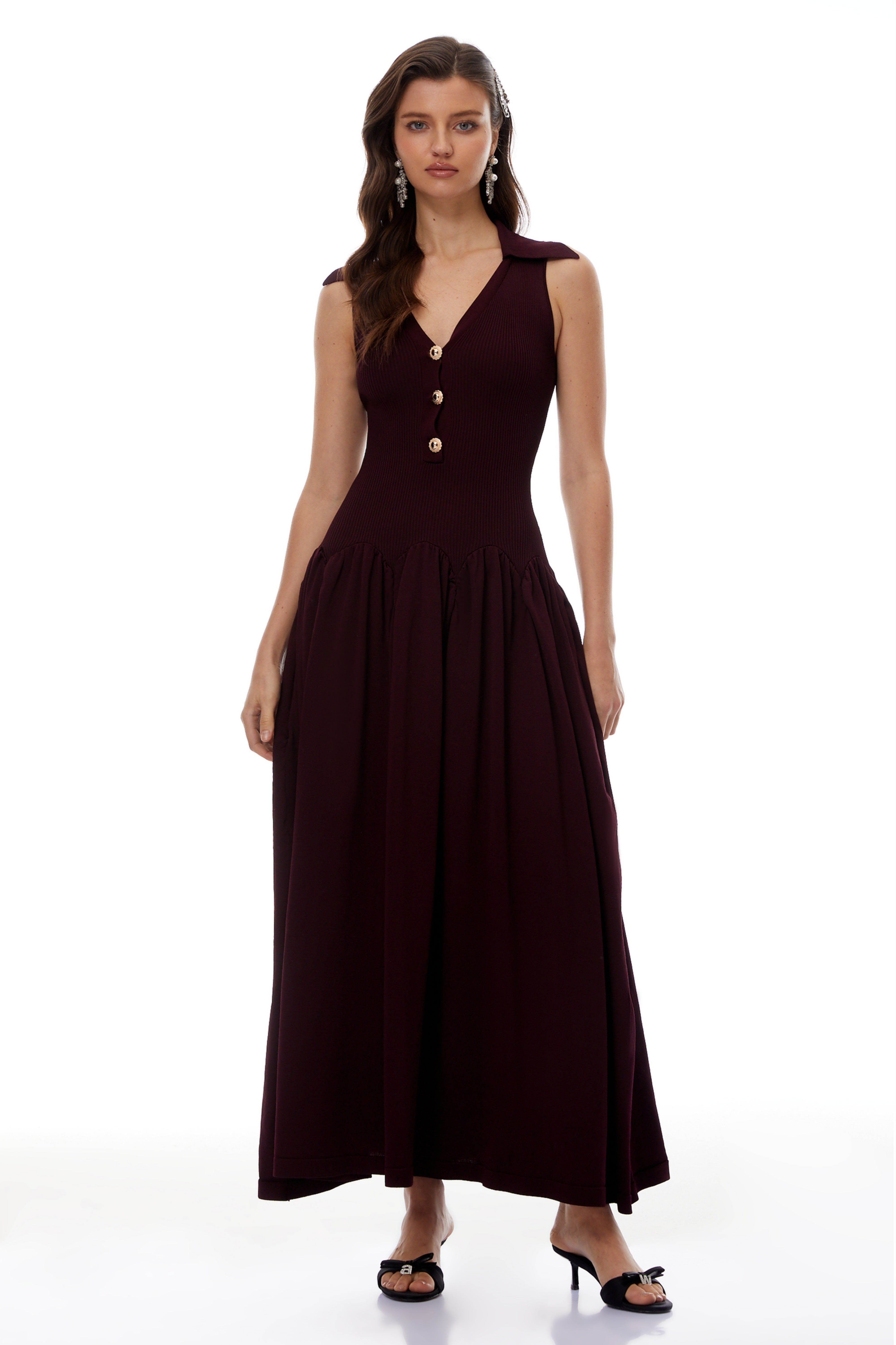 Brynhildur Burgundy Sleeveless Knit Maxi Dress